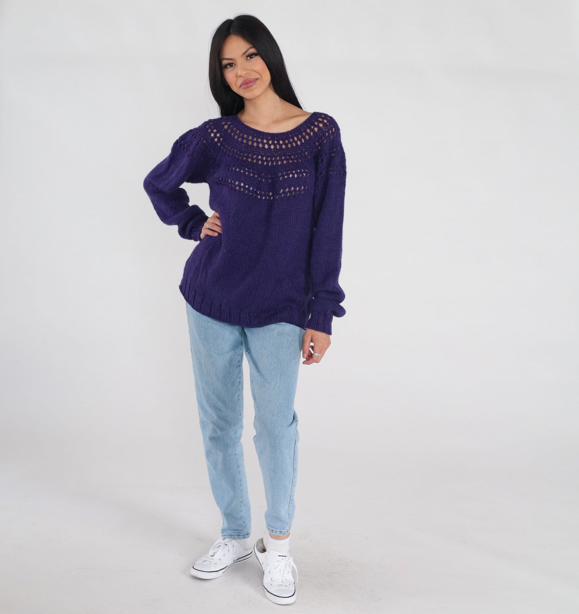00s Purple Knit Pullover Sweater Open Weave Cutout Yoke Large L