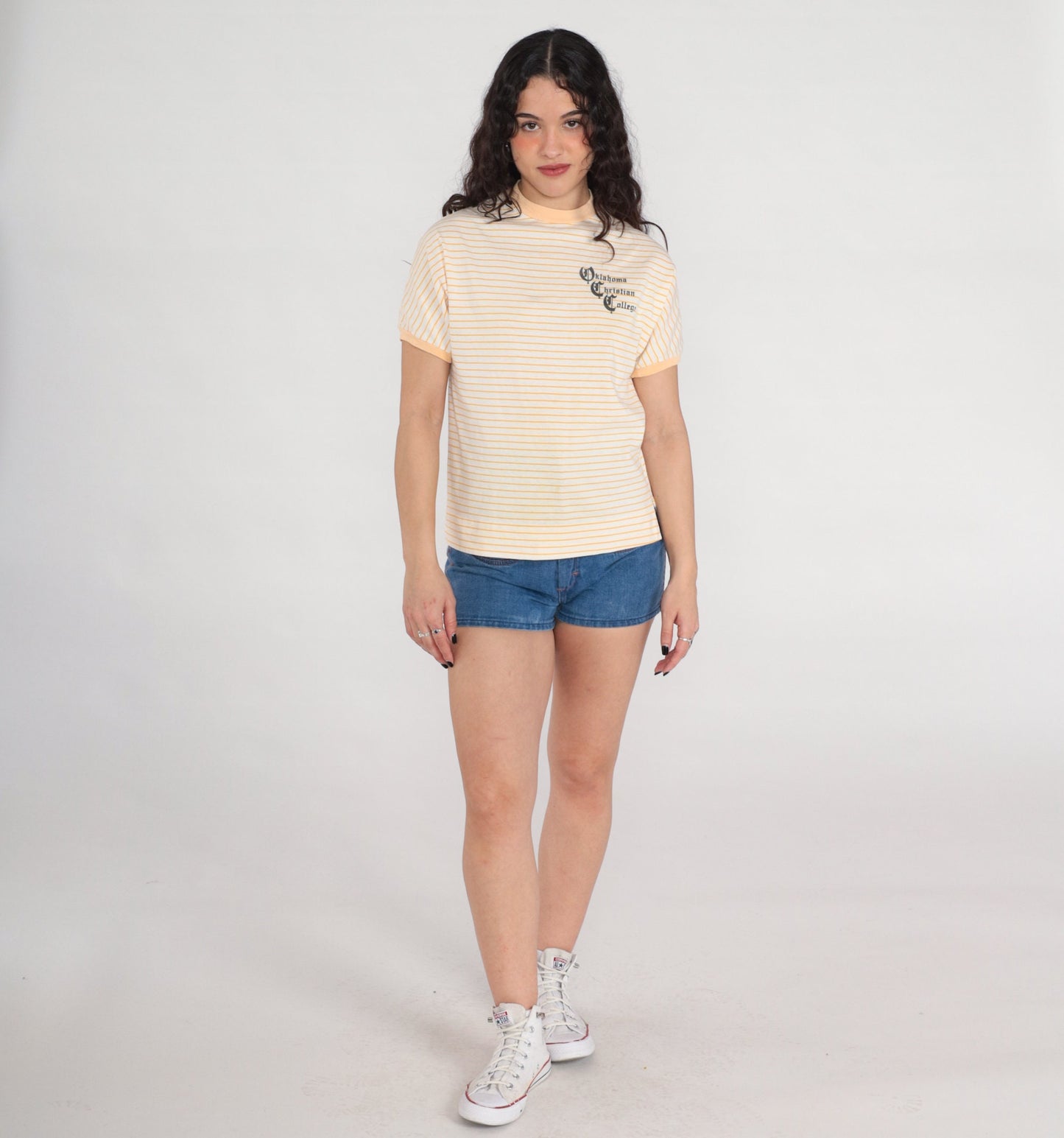 80s Oklahoma Christian College Ringer Tee White Yellow Striped Graphic Small
