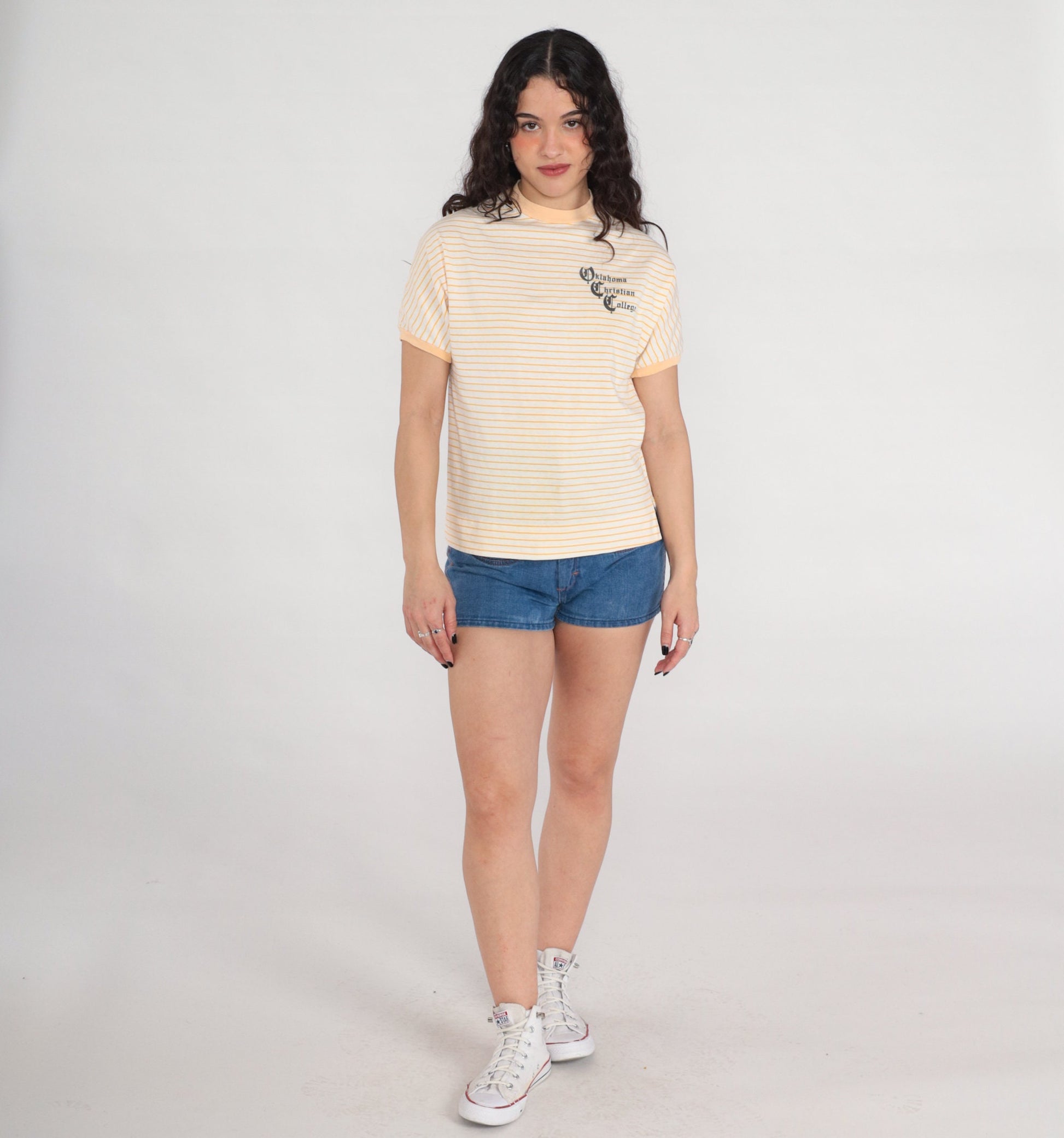 80s Oklahoma Christian College Ringer Tee White Yellow Striped Graphic Small