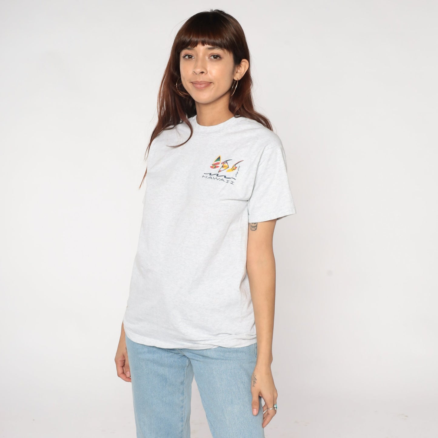 90s Hawaii Windsurfing Graphic T-Shirt Light Grey Cotton Single Stitch Small