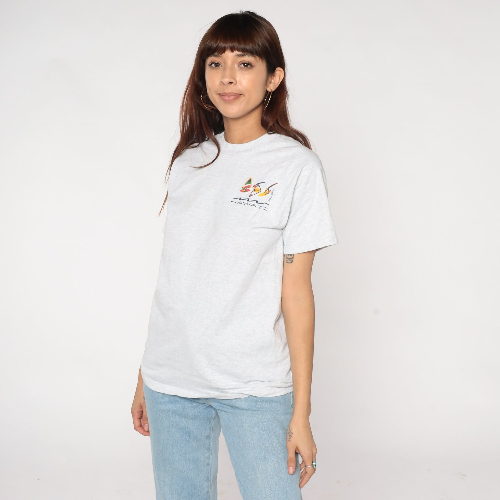 90s Hawaii Windsurfing Graphic T-Shirt Light Grey Cotton Single Stitch Small