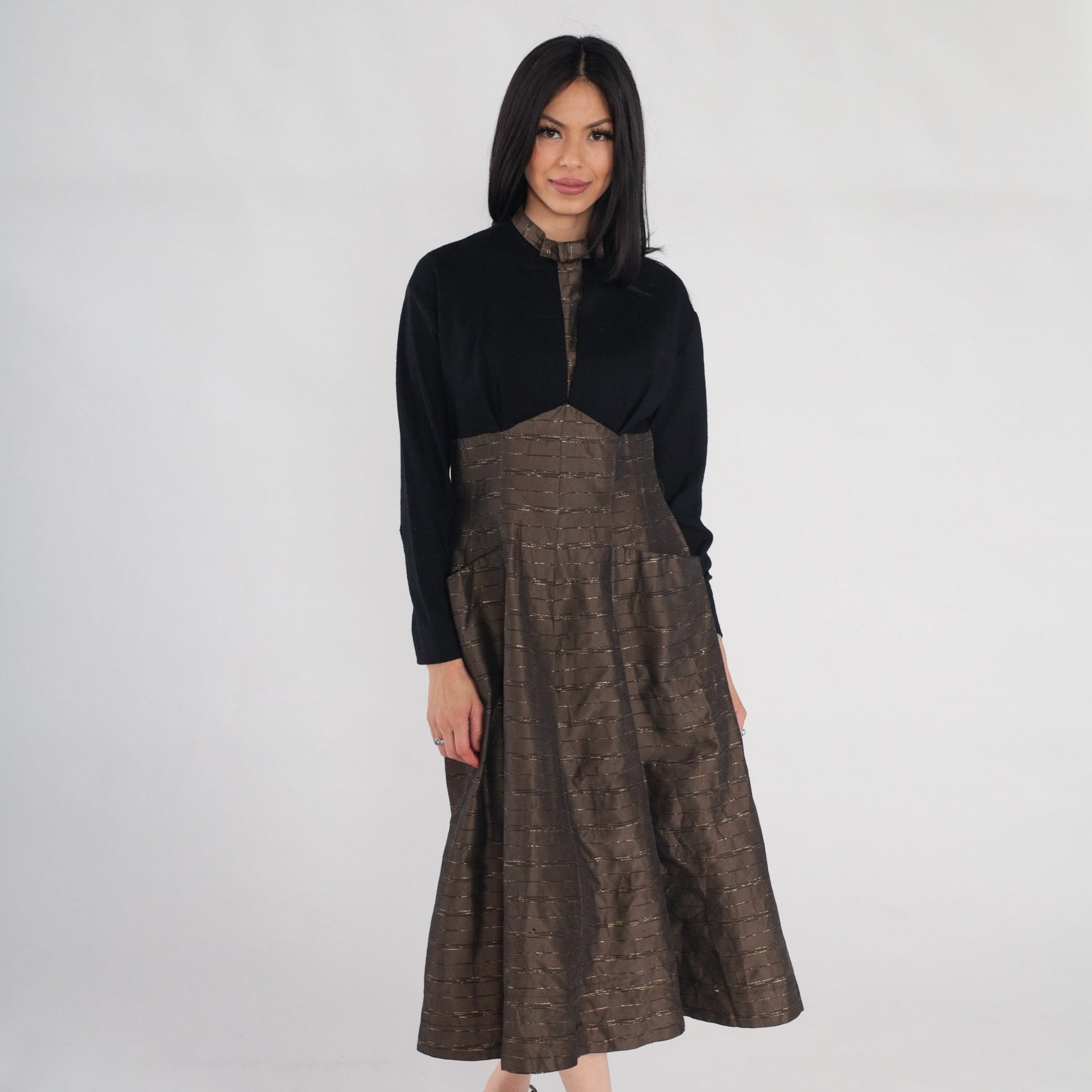 1950s Metallic Striped Brown Wool Midi Dress Black Bow High Neck Medium