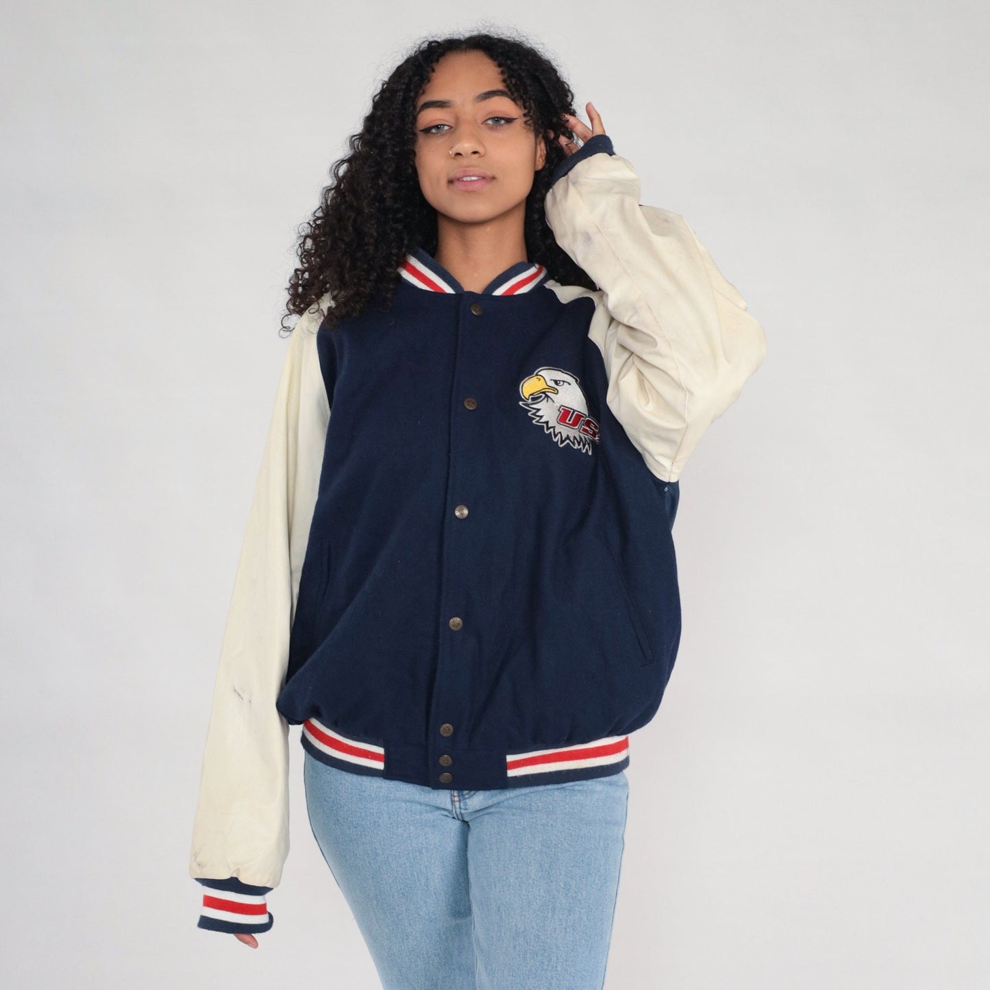 00s Steve & Barry's Eagle USA Bomber Jacket Navy Wool Large