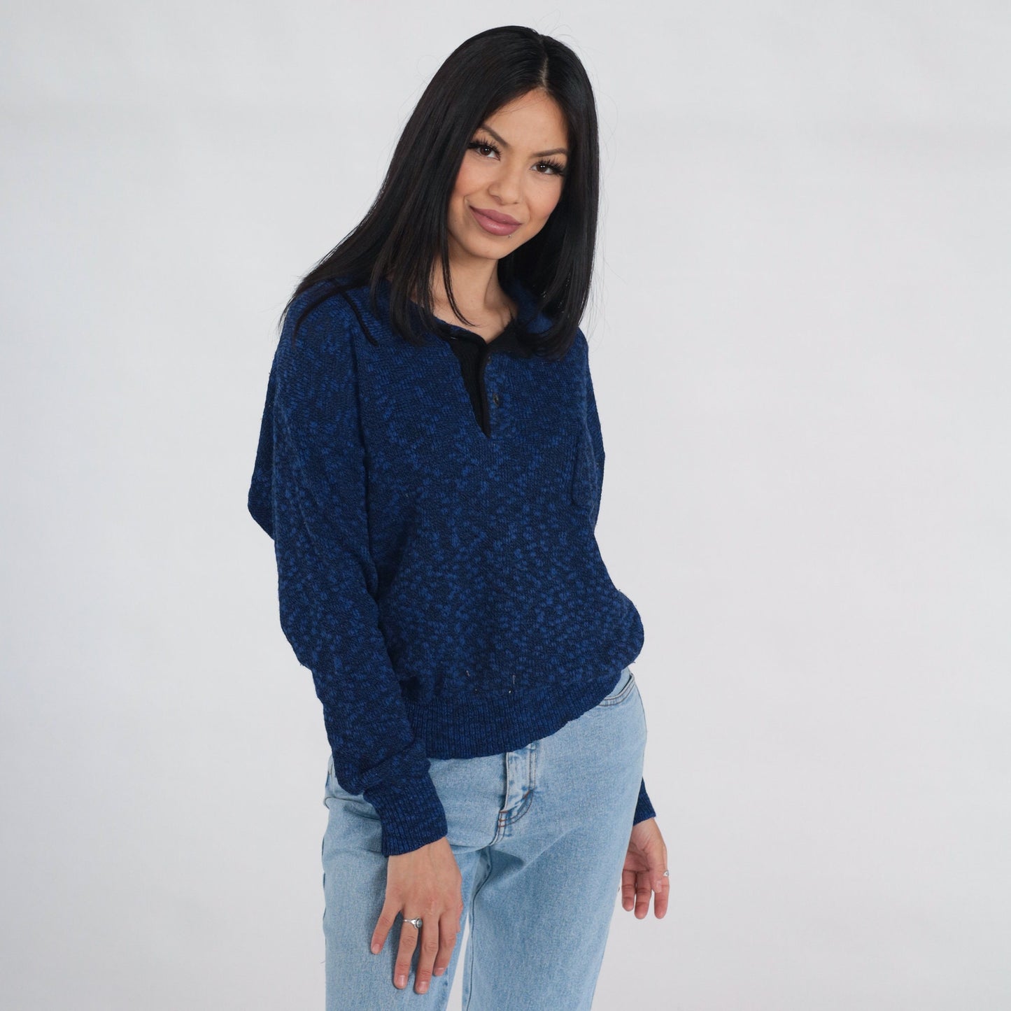 80s Dark Blue Flecked Knit Collared Sweater Quarter Button Pullover Medium Large