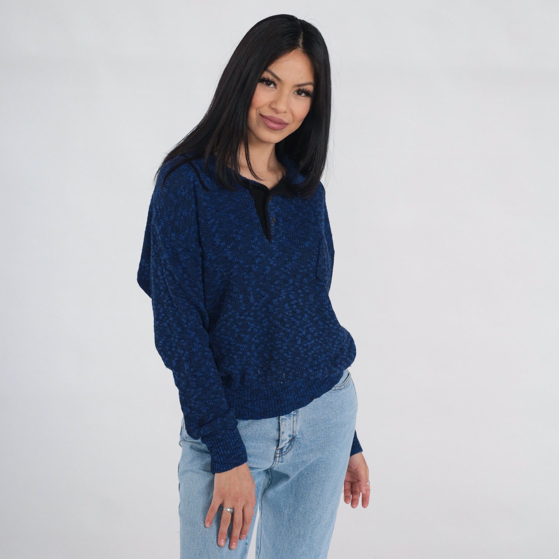 80s Dark Blue Flecked Knit Collared Sweater Quarter Button Pullover Medium Large