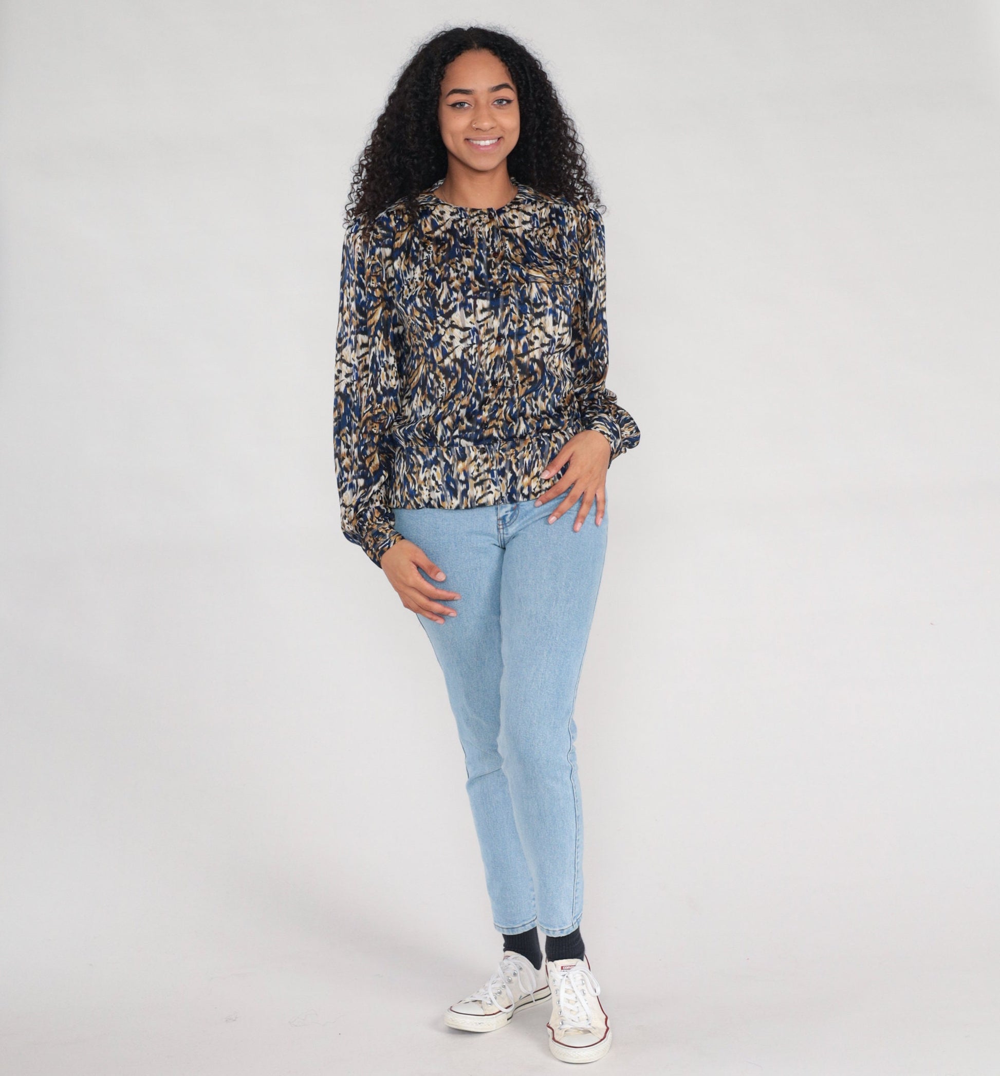 90s Leopard Abstract Animal Print Button-Up Blouse Long Sleeve Extra Large