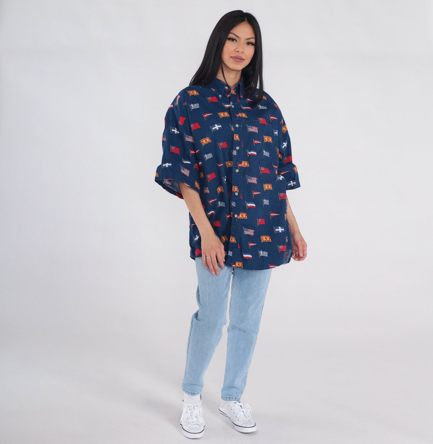 90s International Flag Print Button Up Shirt Navy Cotton Men's Extra Large XL