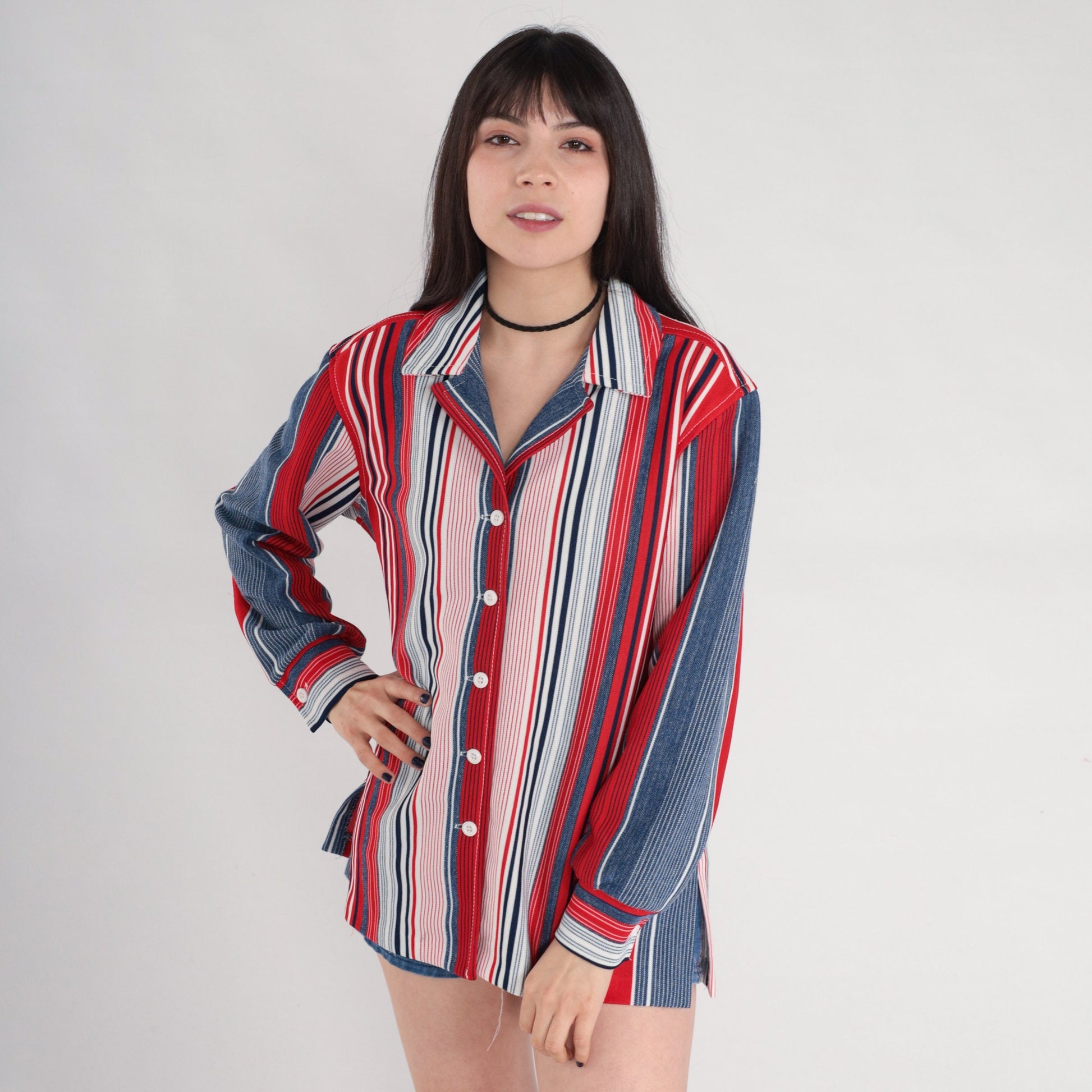 70s Red White Blue Striped Button Up Blouse Notched Collar Long Sleeve Medium Large