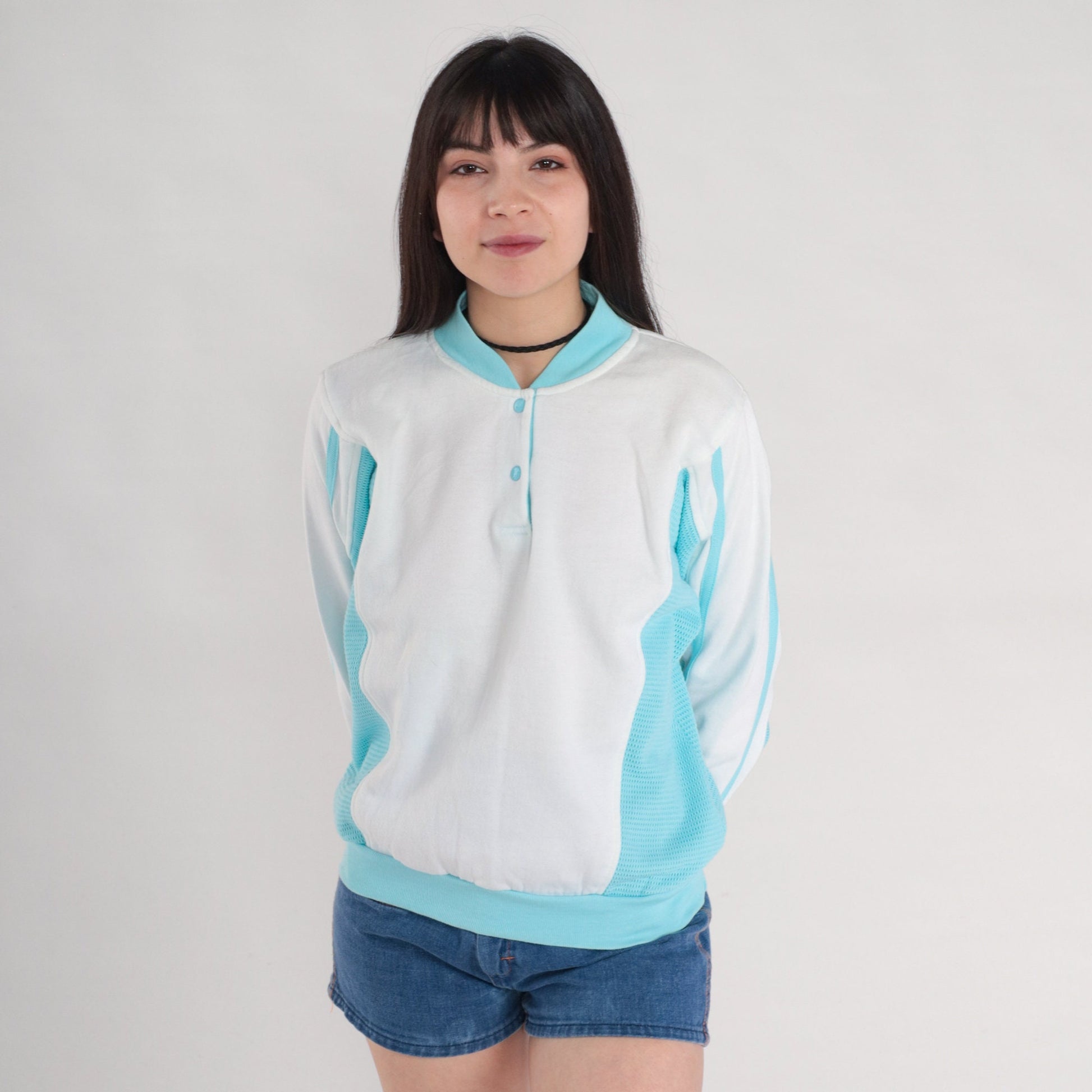 80s White Henley Sweatshirt Blue Mesh Panels Crewneck Small
