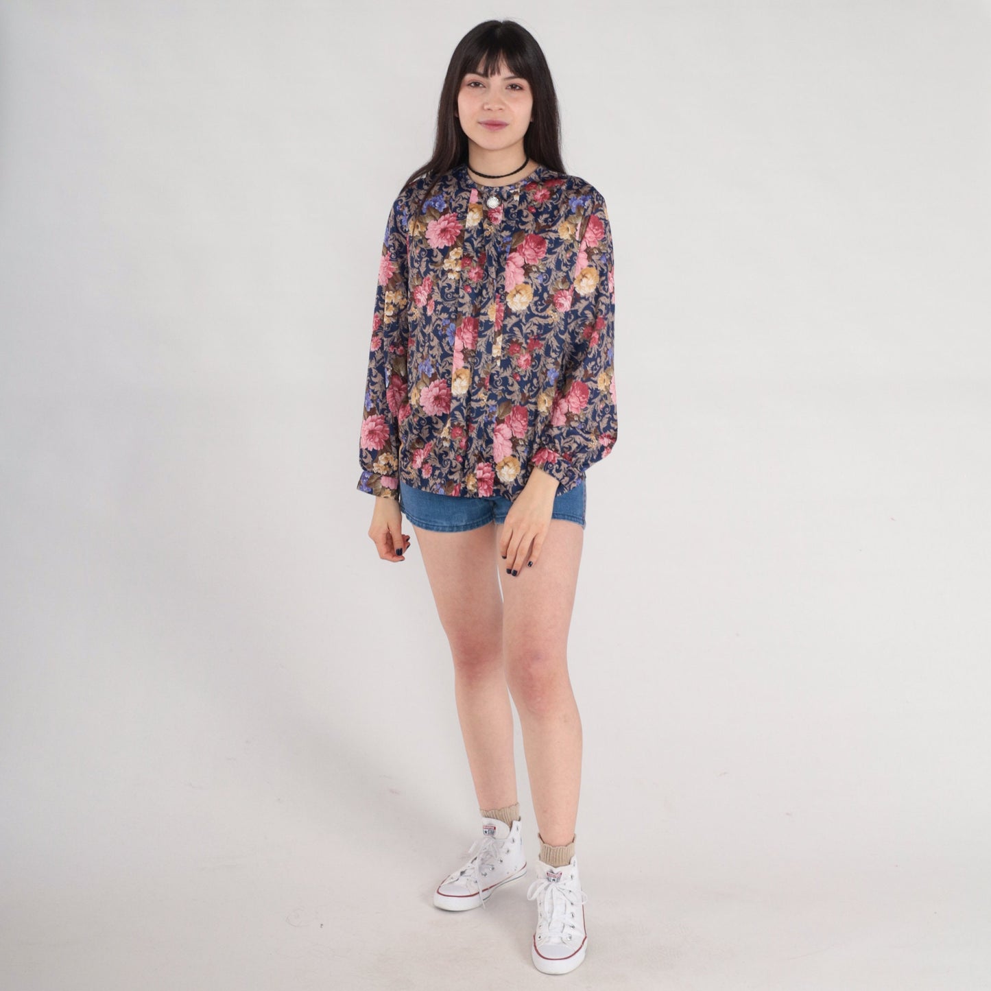 80s Blue Floral Pleated Blouse Long Sleeve Rose Leaf Print Tuxedo Top Medium