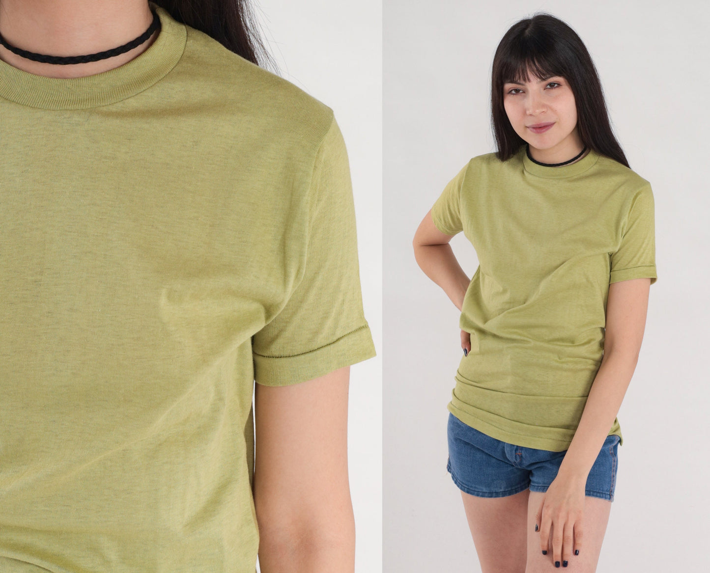 80s Green Cotton T-Shirt Single Stitch Crew Neck Plain Tee Medium M
