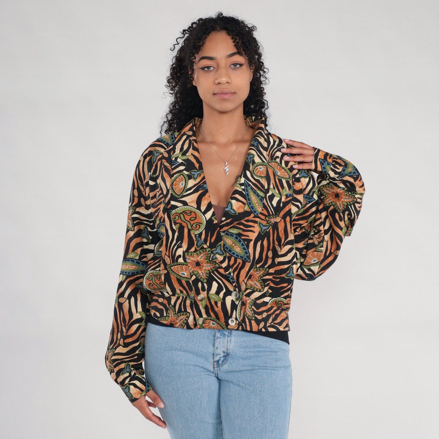 00s Silk Tiger Stripe Windbreaker Jacket Floral Deep V Black Burnt Orange Large