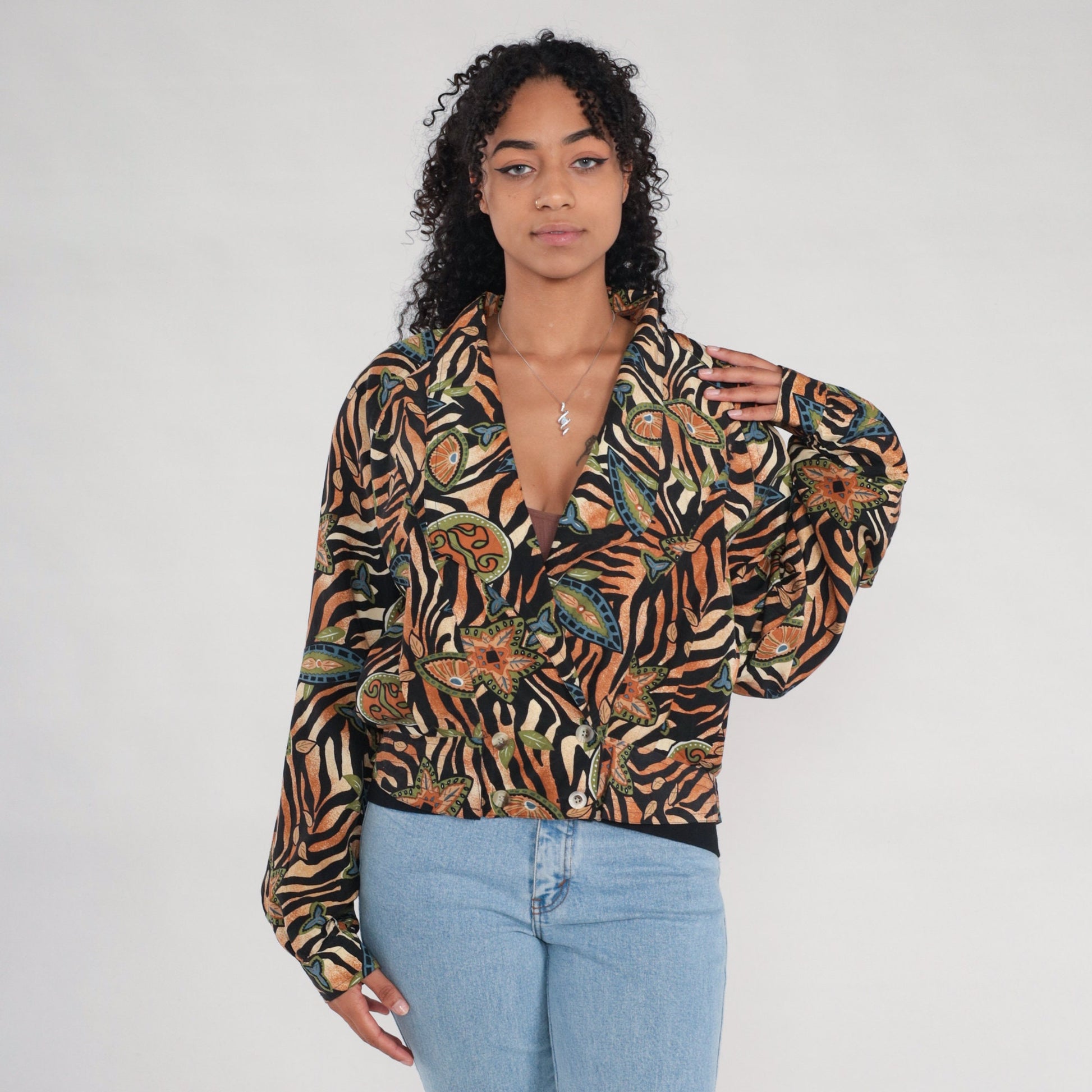 00s Silk Tiger Stripe Windbreaker Jacket Floral Deep V Black Burnt Orange Large