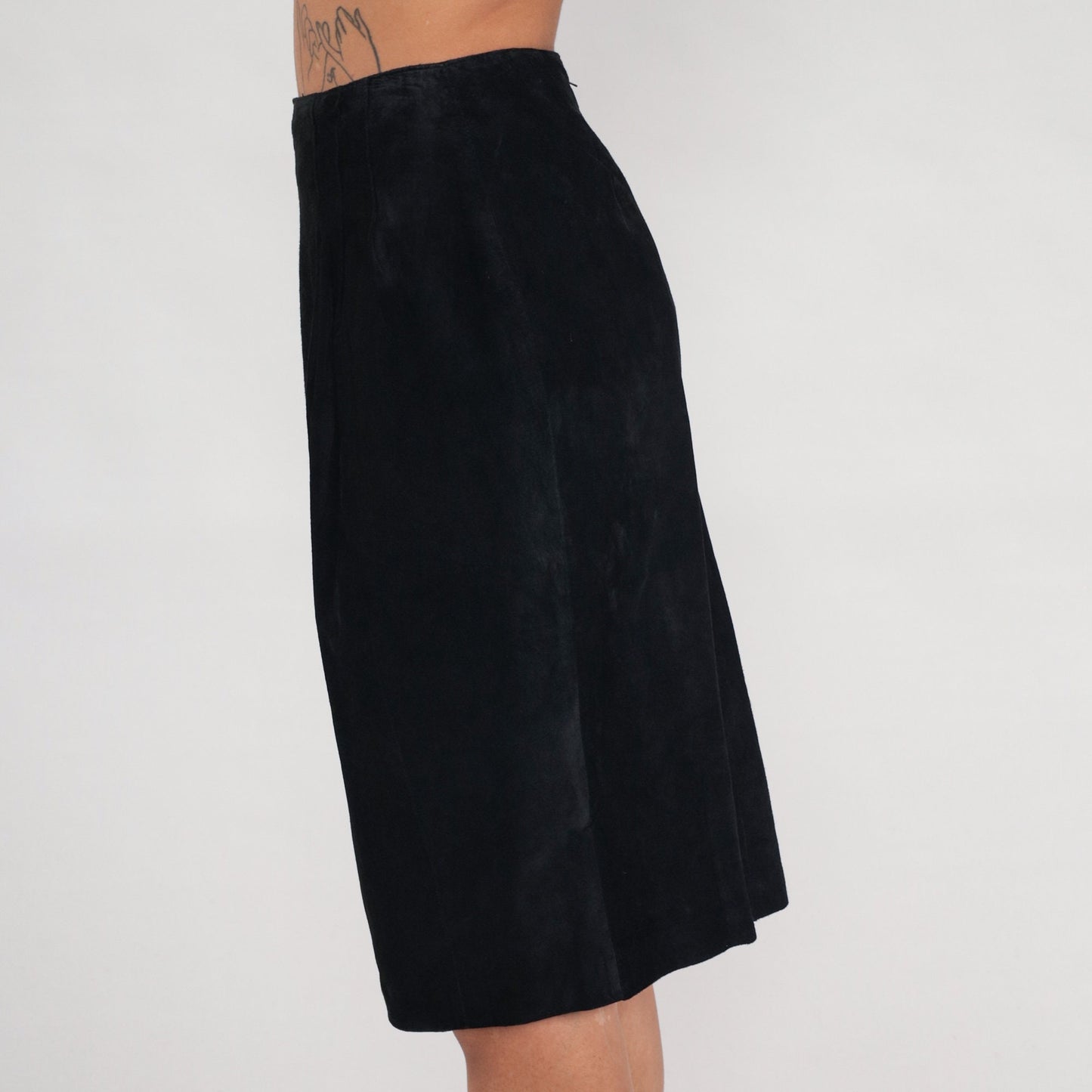 90s Black Suede Pencil Skirt Midi High Waist Pig Leather Small