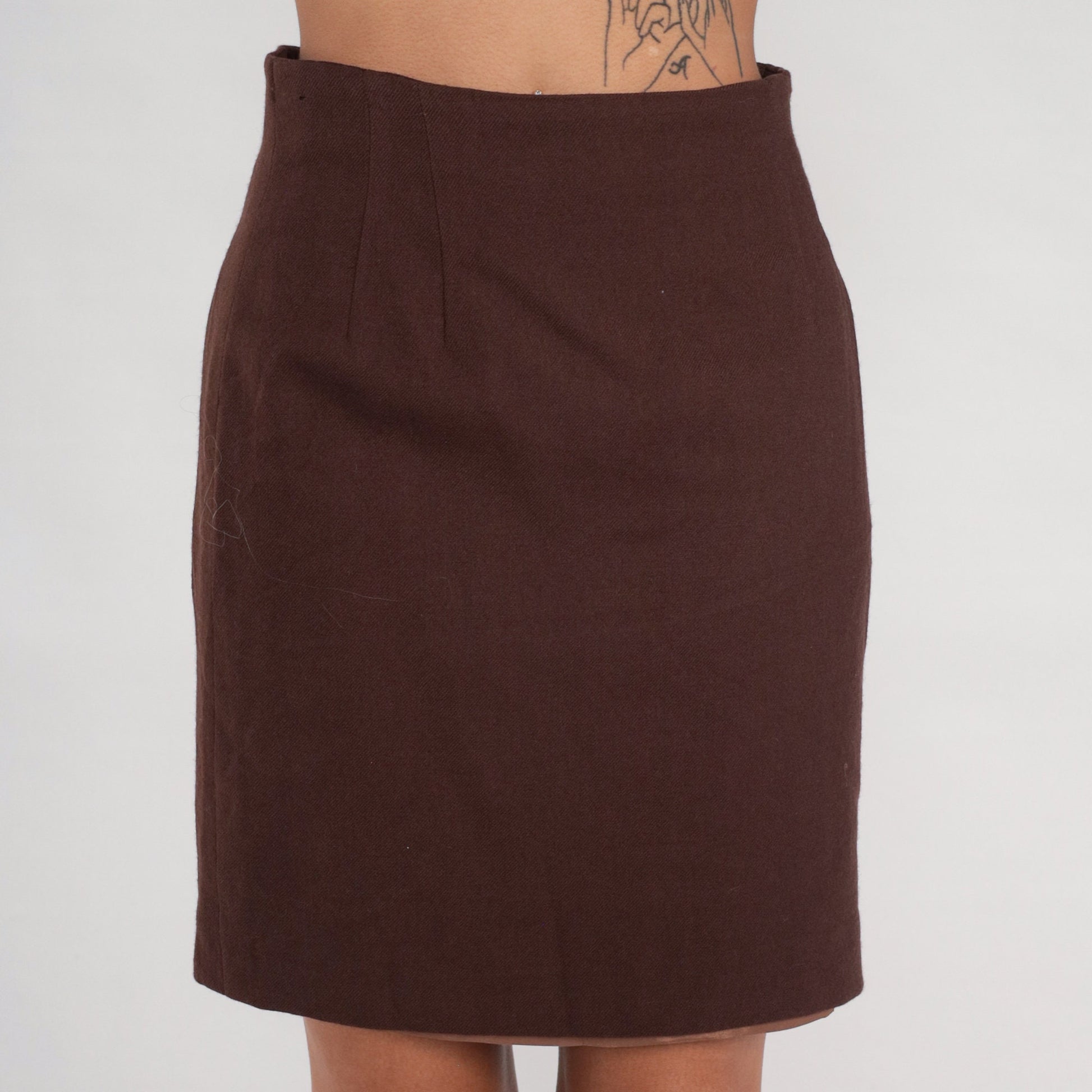 70s Brown Wool Pencil Skirt High Waist Rear Zip Small