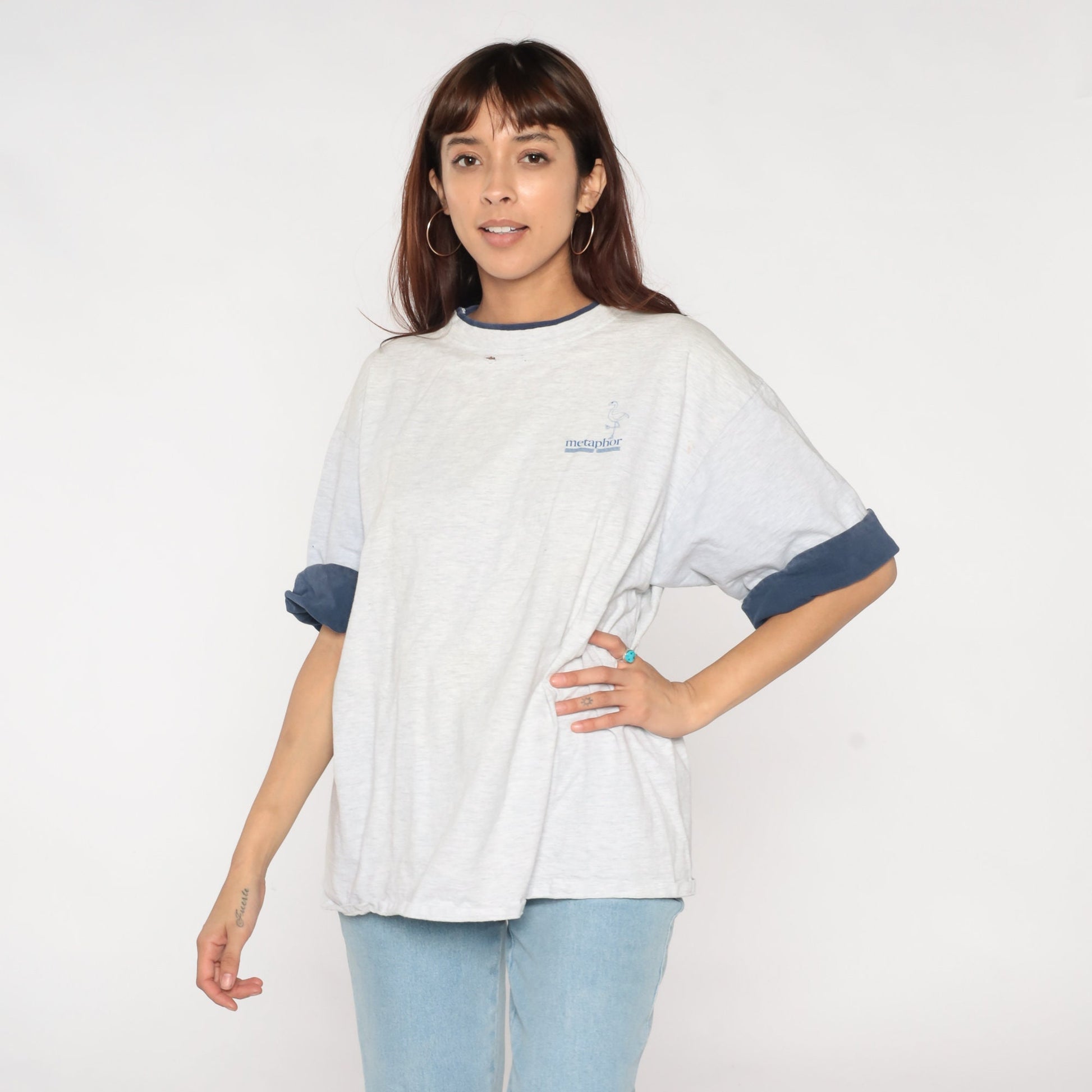 90s Metaphor Flamingo Logo T-Shirt Cuffed Sleeve Heather Grey XXL