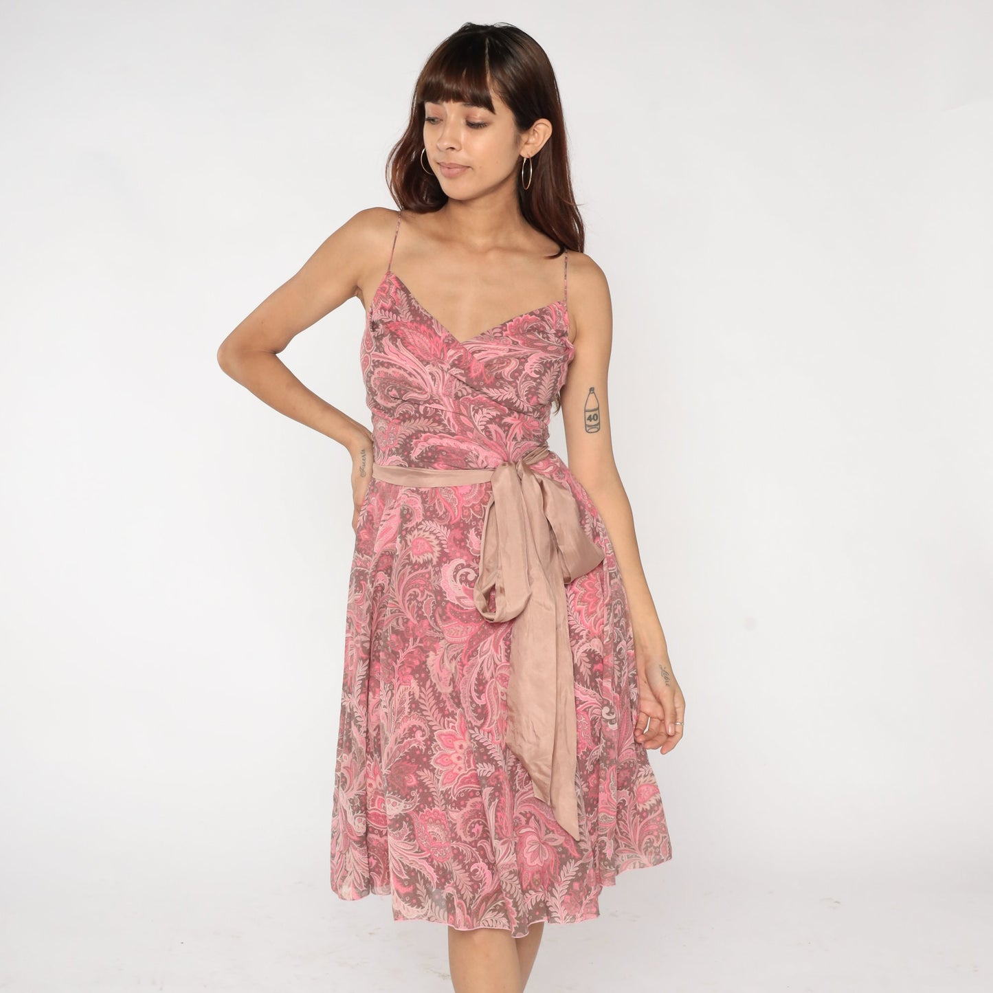 Y2K Pink Indian Floral Wrap Dress Spaghetti Strap V Neck Knee Length Small