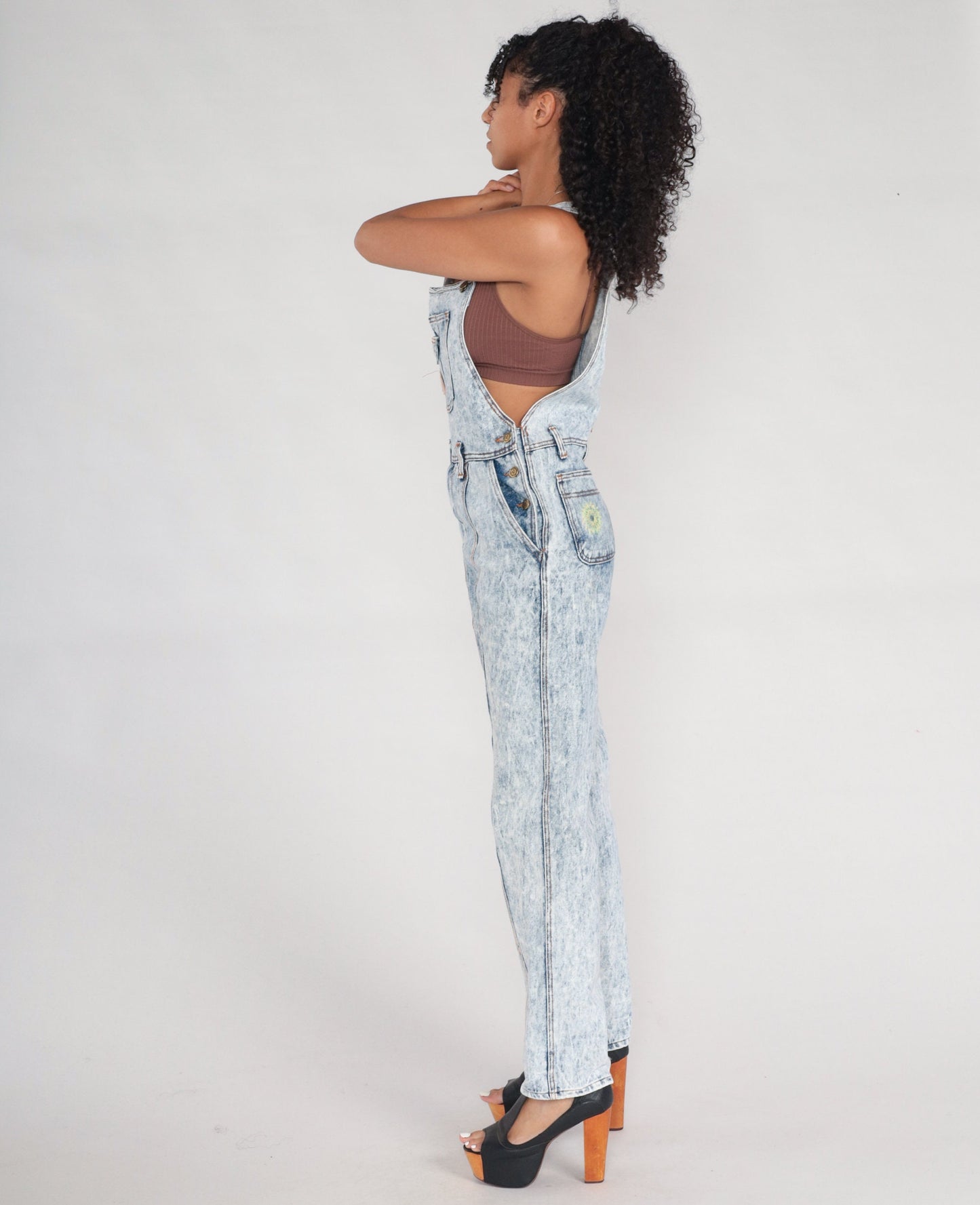 90s Acid Wash Denim Overalls Neon Floral Hand Painted Tapered Bib Small
