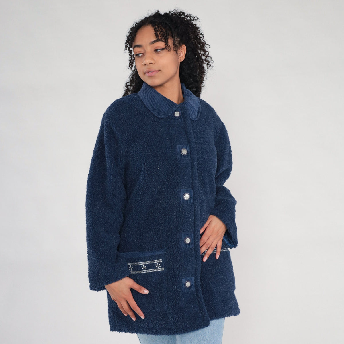 90s Reversible Fleece Jacket Navy Blue Corduroy Collar Extra Large 1X