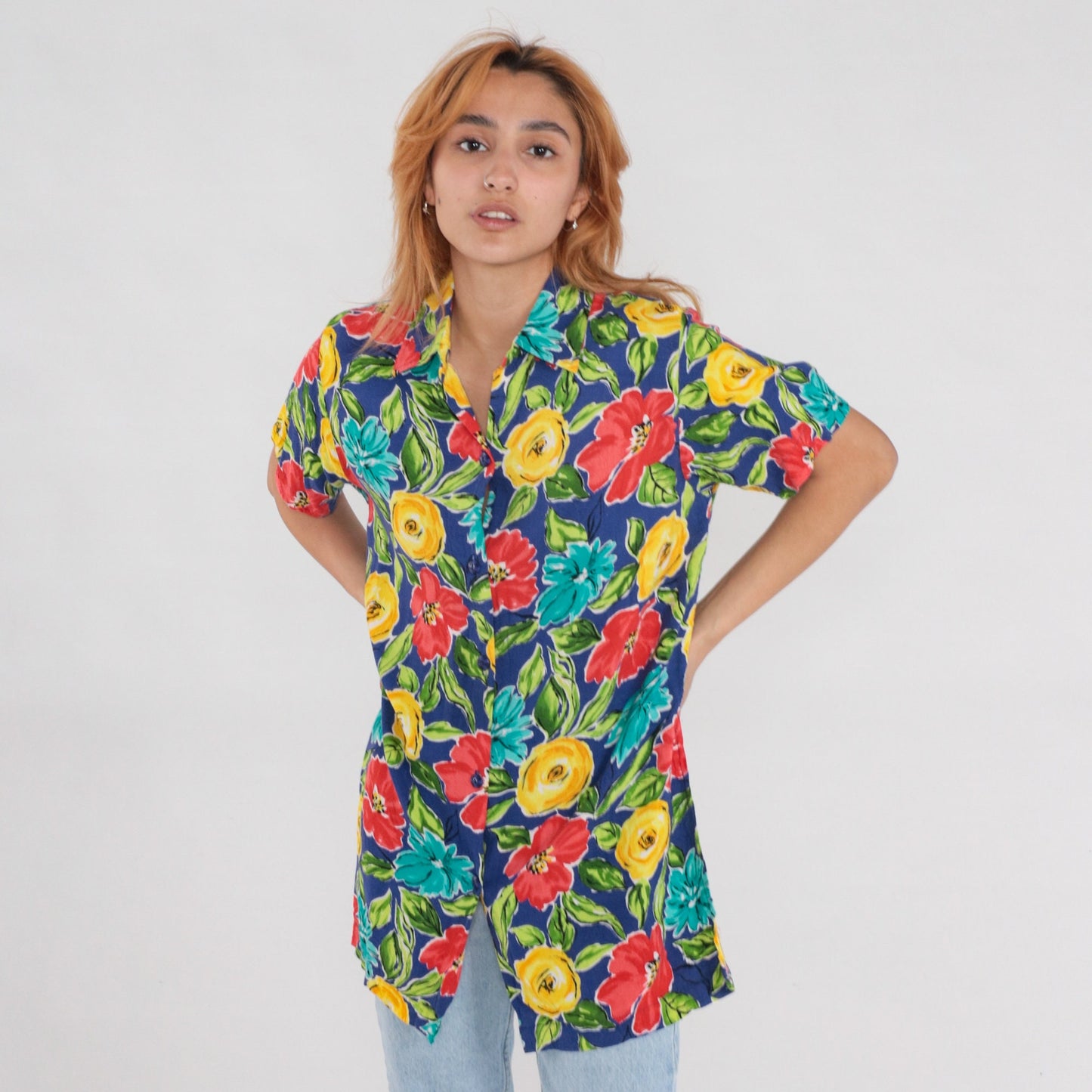 90s Floral Rayon Button-Up Blouse Short Sleeve Red Yellow Blue Small S