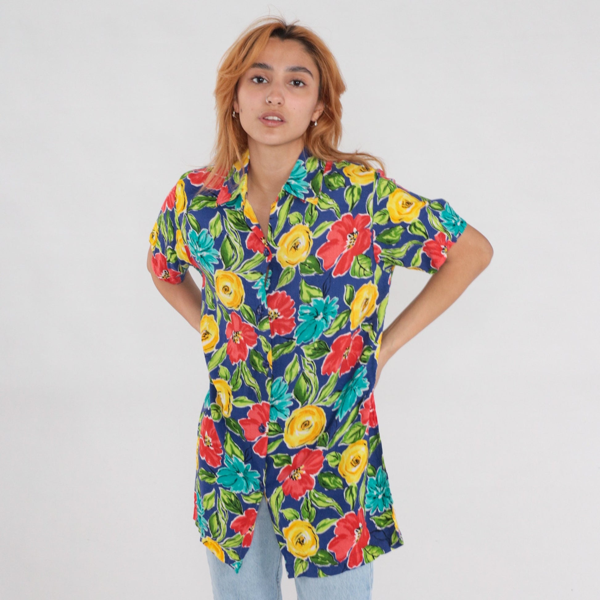 90s Floral Rayon Button-Up Blouse Short Sleeve Red Yellow Blue Small S