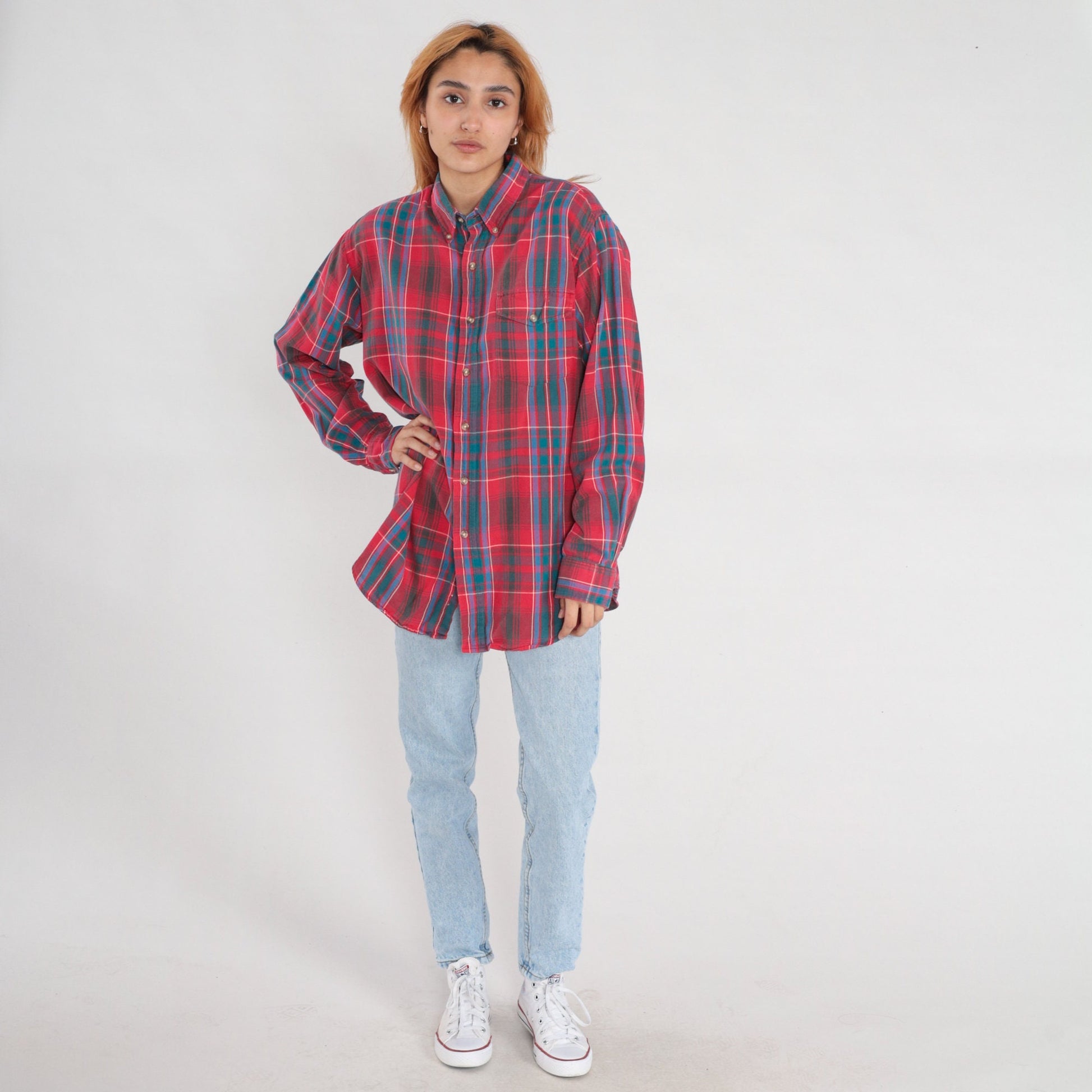 90s Woolrich Plaid Button-Up Shirt Red Blue Green Long Sleeve Extra Large XL
