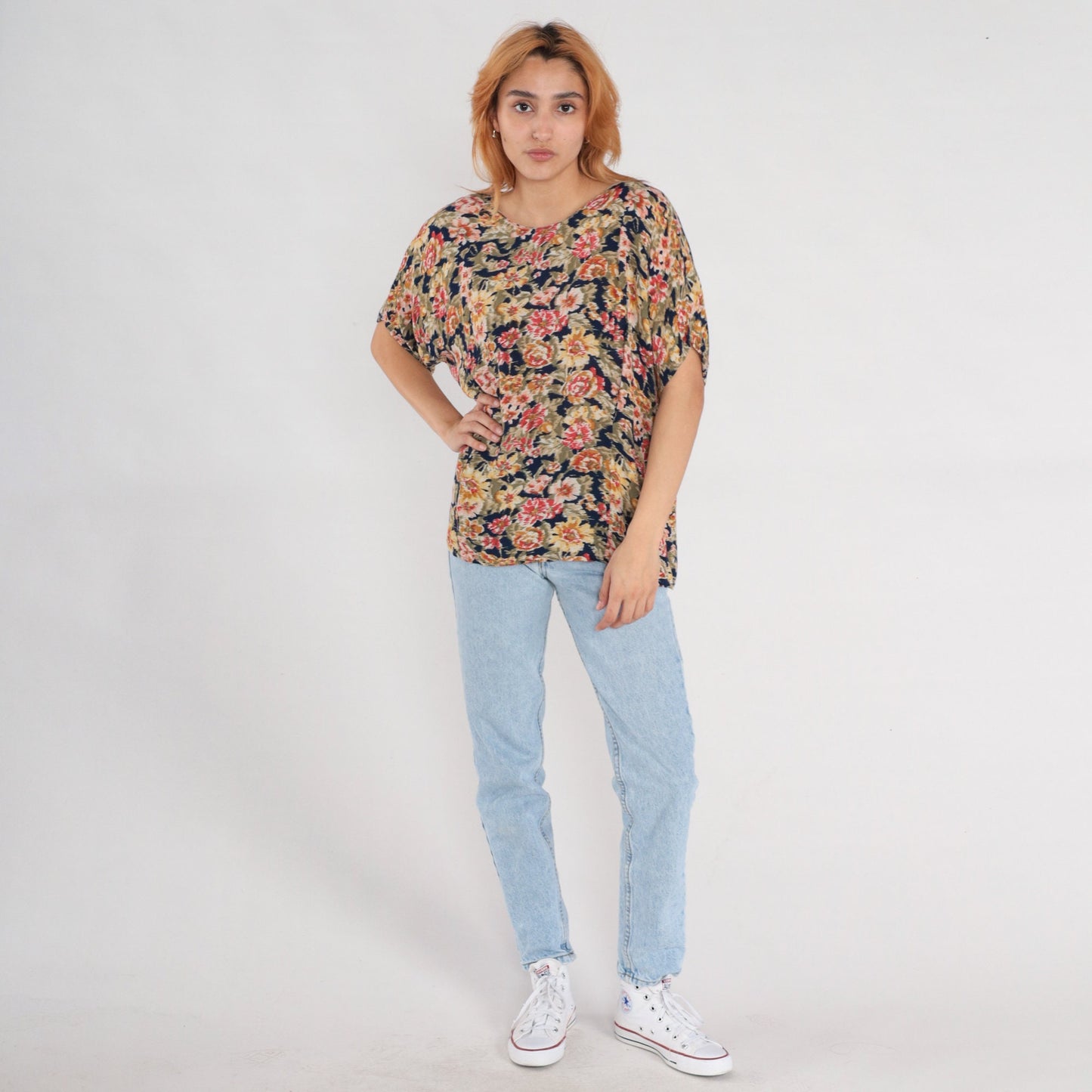 90s Karen Scott Floral Blouse Short Sleeve Rayon Navy Yellow Pink Large L