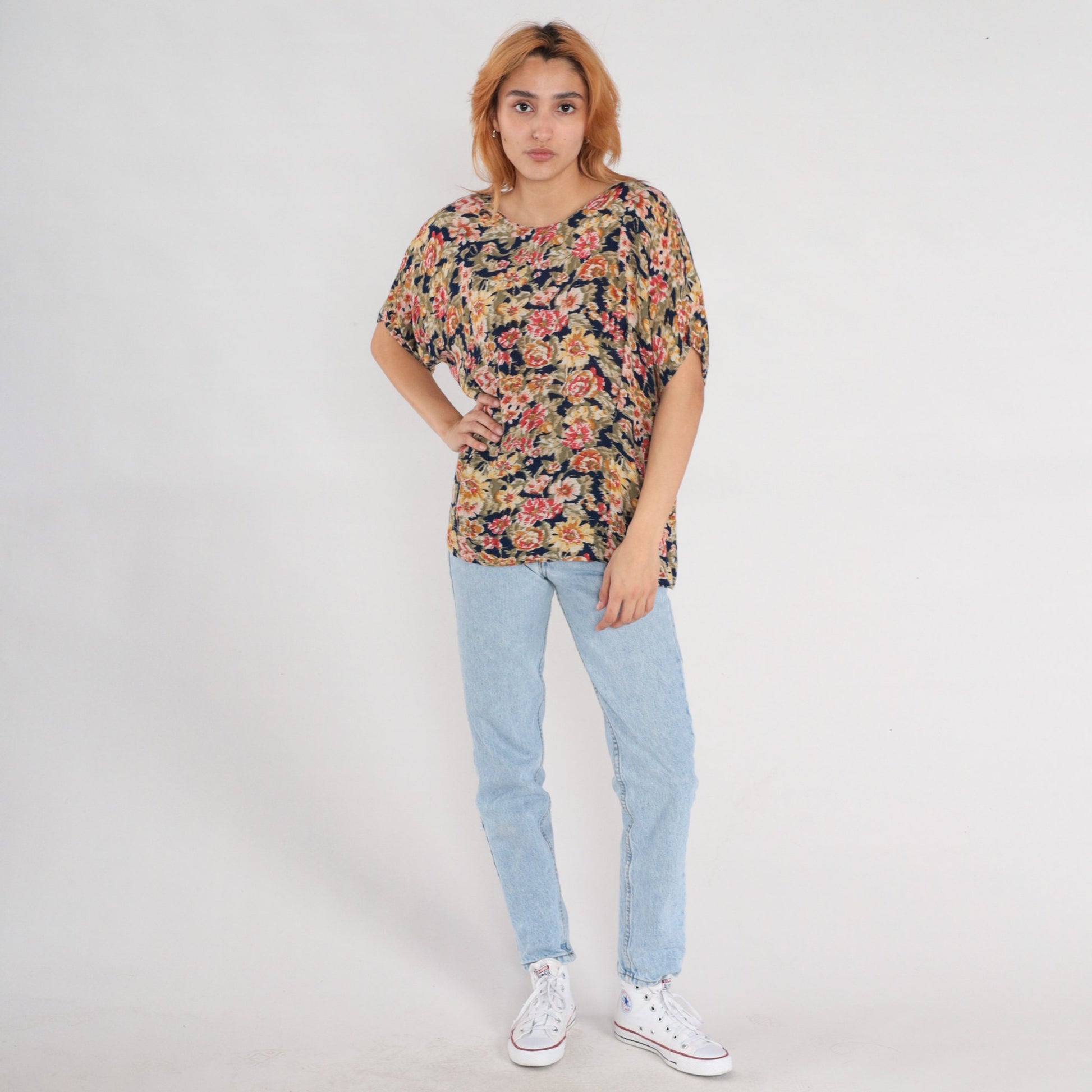 90s Karen Scott Floral Blouse Short Sleeve Rayon Navy Yellow Pink Large L