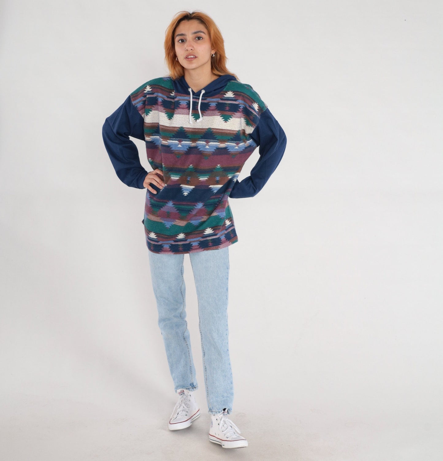 90s Southwestern Aztec Hooded Fleece Tee Dark Blue Cotton Large