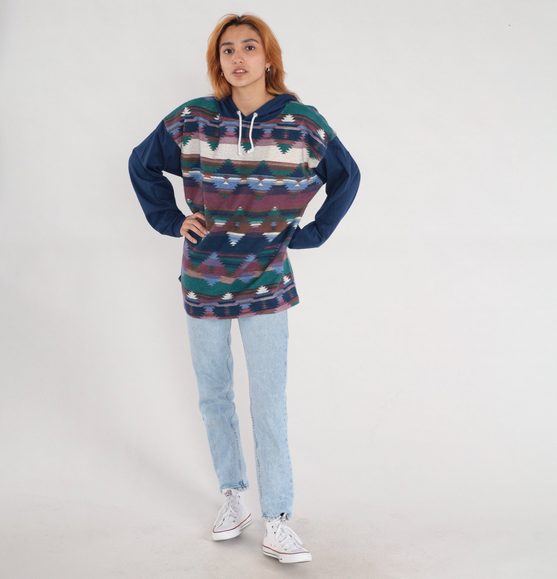 90s Southwestern Aztec Hooded Fleece Tee Dark Blue Cotton Large