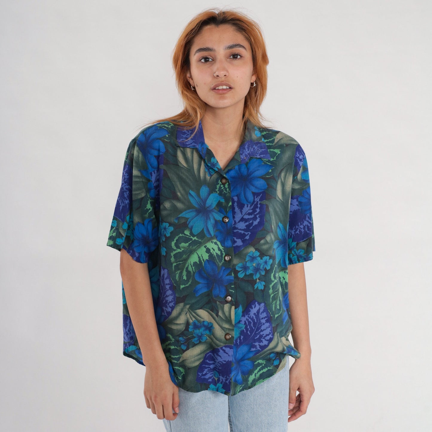 80s Tropical Floral Button-Up Shirt Blue Short Sleeve Blouse Large L