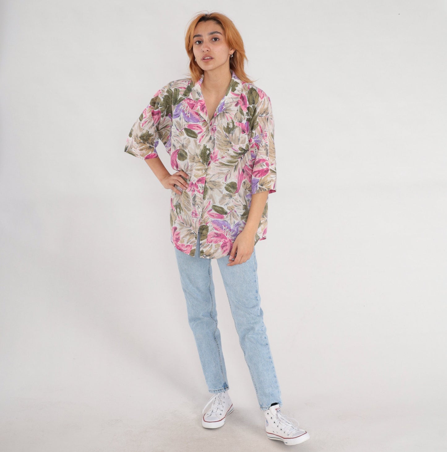 90s Floral Button Up Blouse Tan Olive Green Purple Pink 3/4 Sleeve XXL