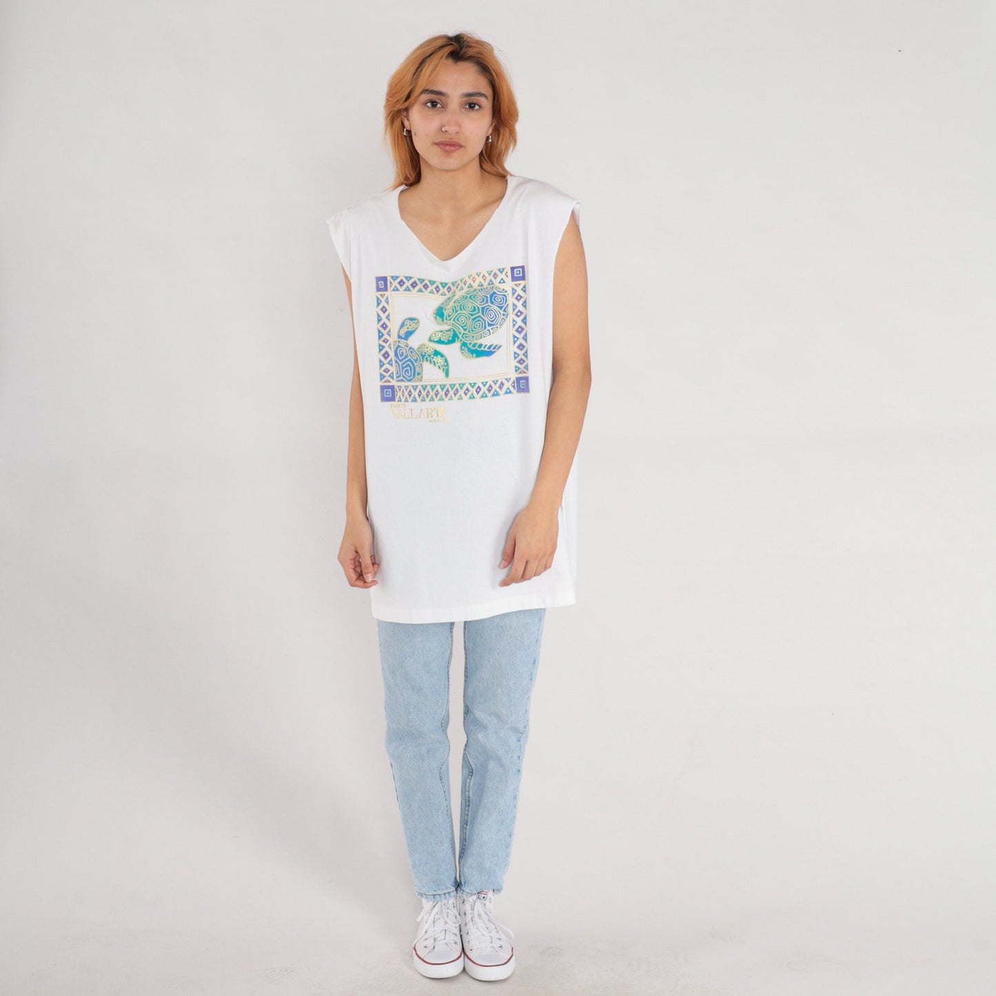 90s Puerto Vallarta Sea Turtle Tank Top White Gold Graphic Medium Large