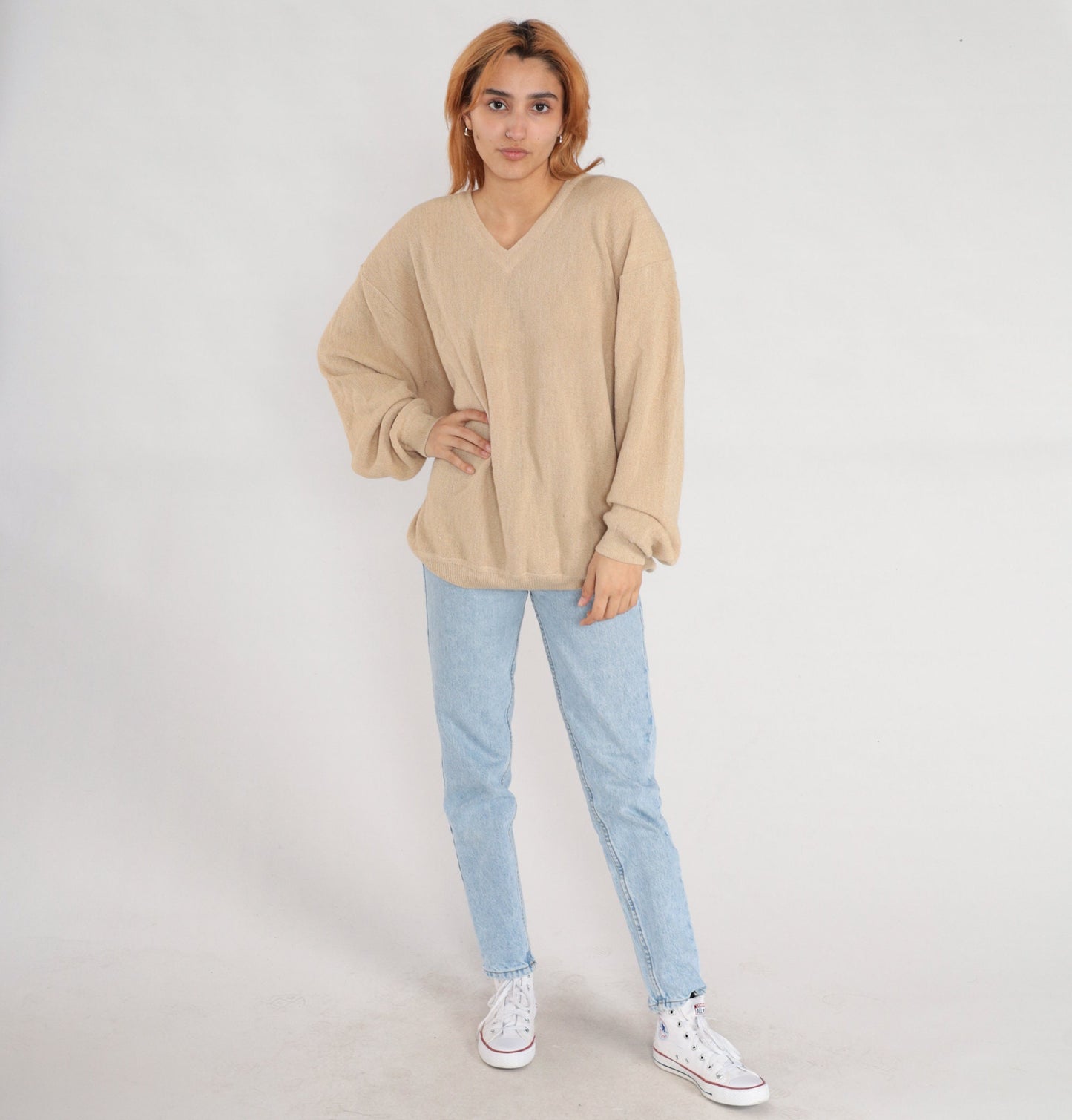 90s Tan Alpaca Wool V-Neck Sweater Pullover Knit Extra Large