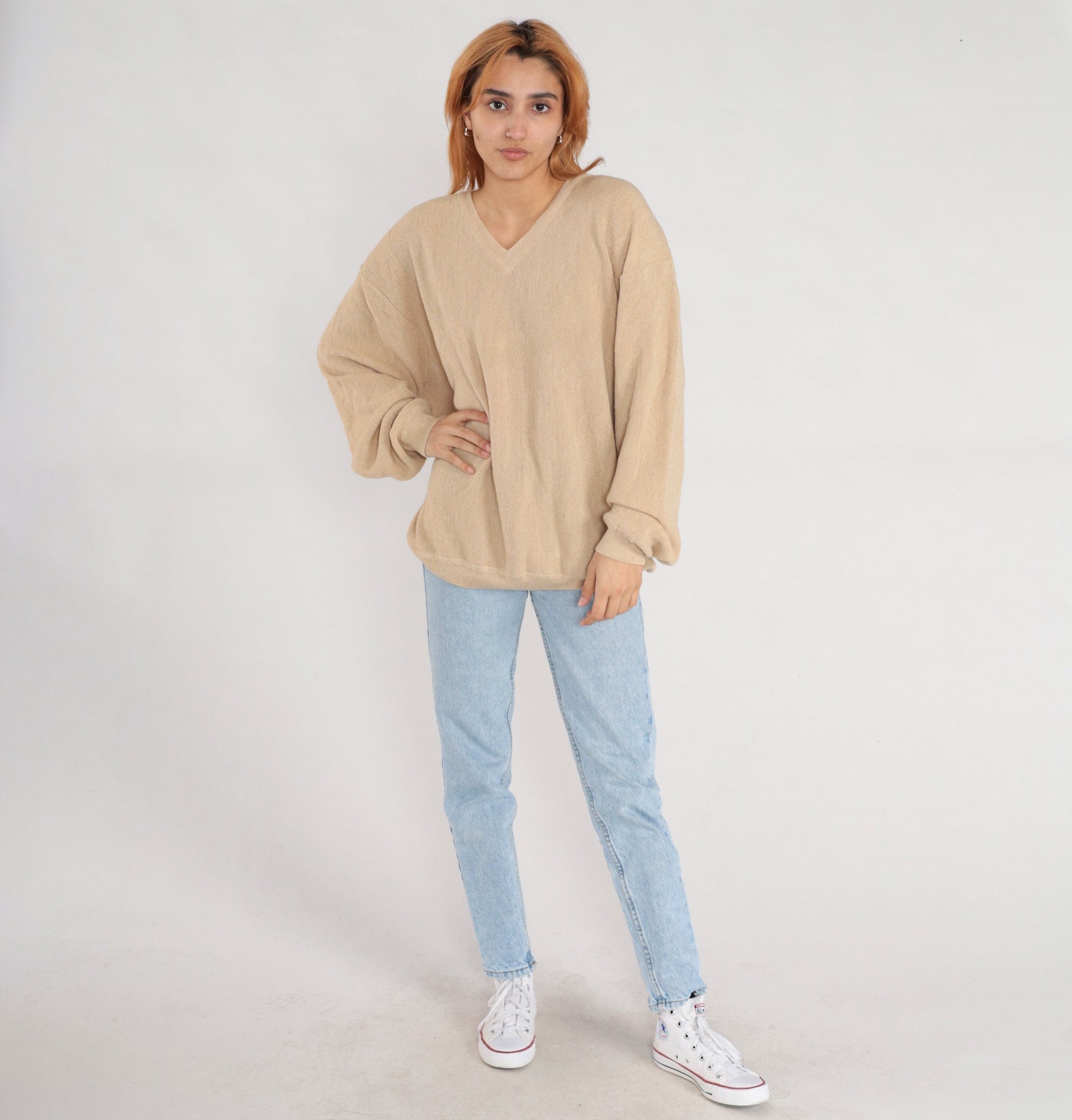 90s Tan Alpaca Wool V-Neck Sweater Pullover Knit Extra Large