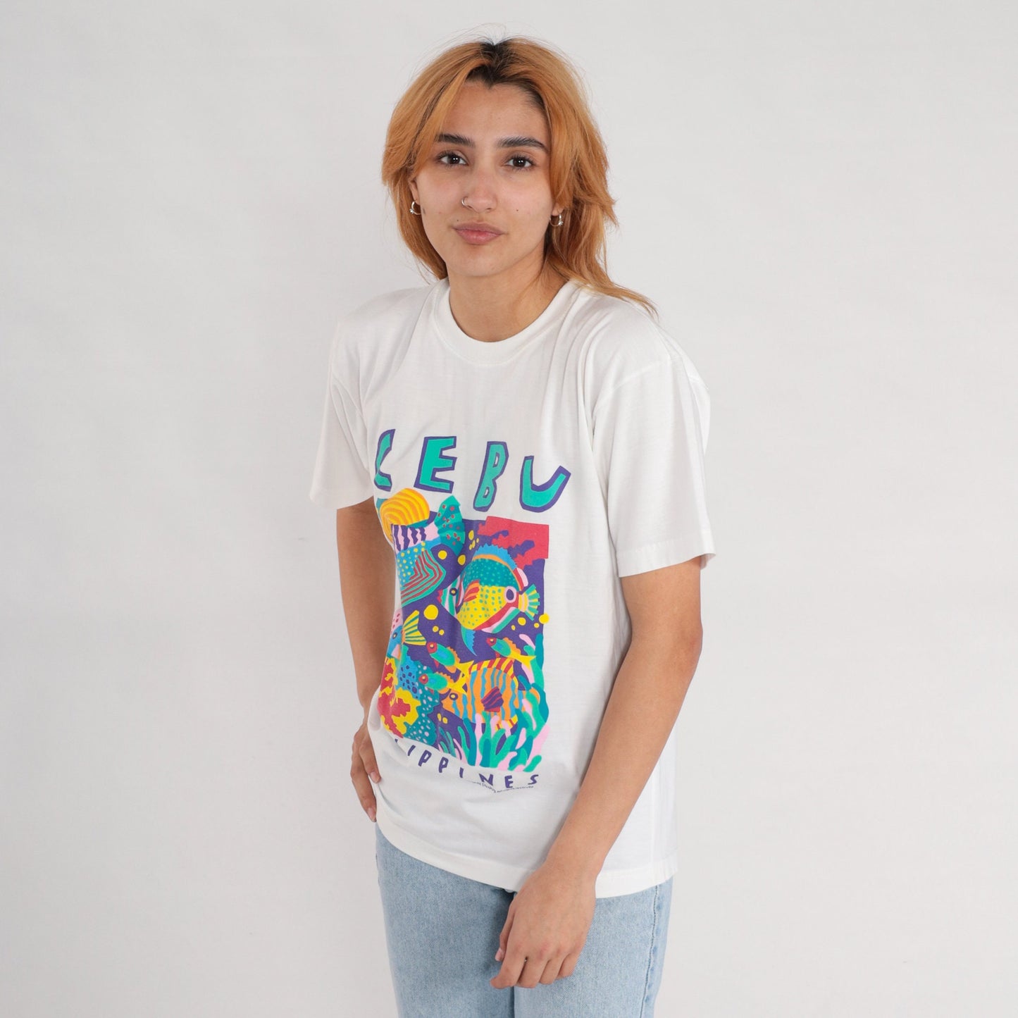00s Cebu Philippines Tropical Fish Graphic Tee White Cotton Small