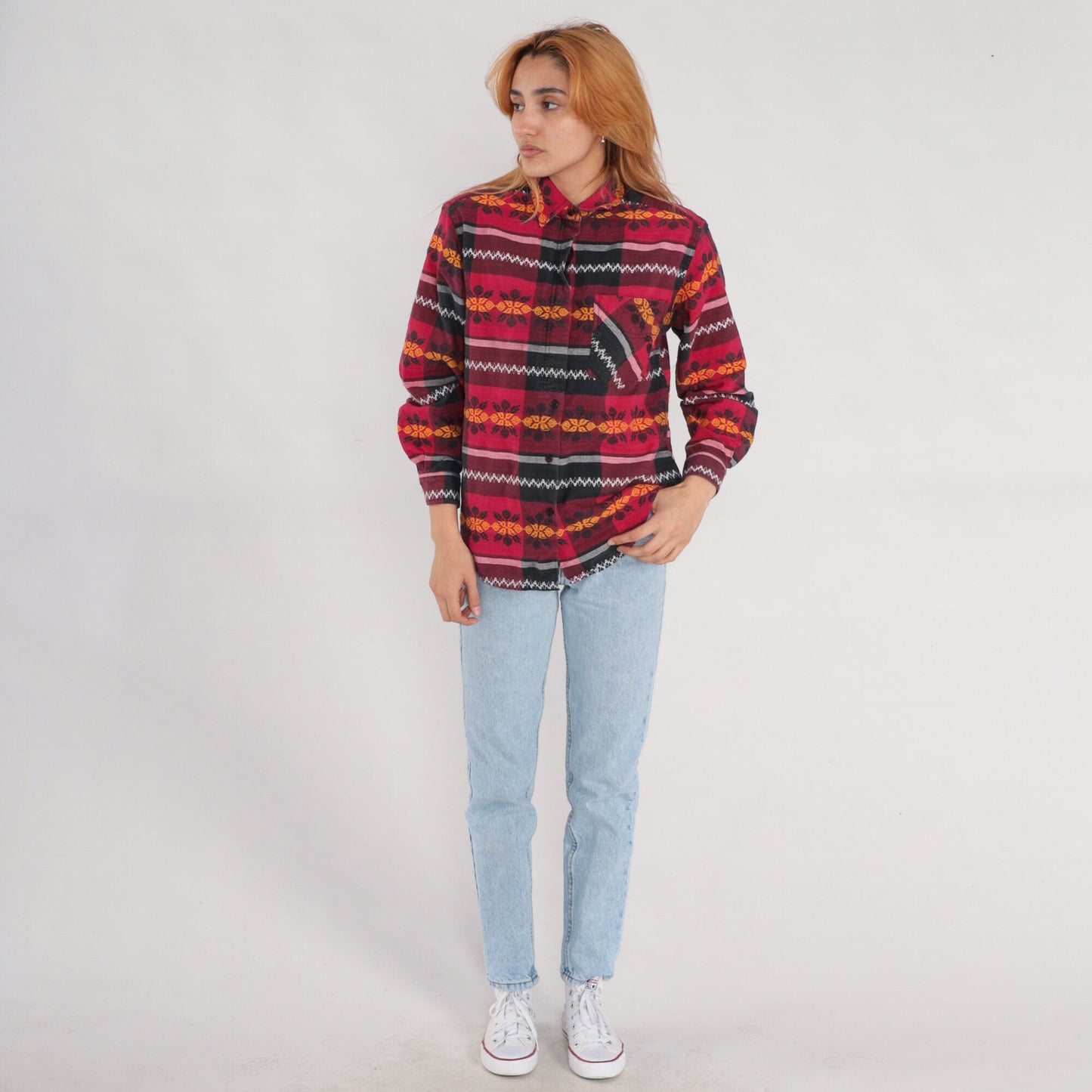 90s Checkered Floral Button Up Blouse Red Black Embroidered Long Sleeve Medium