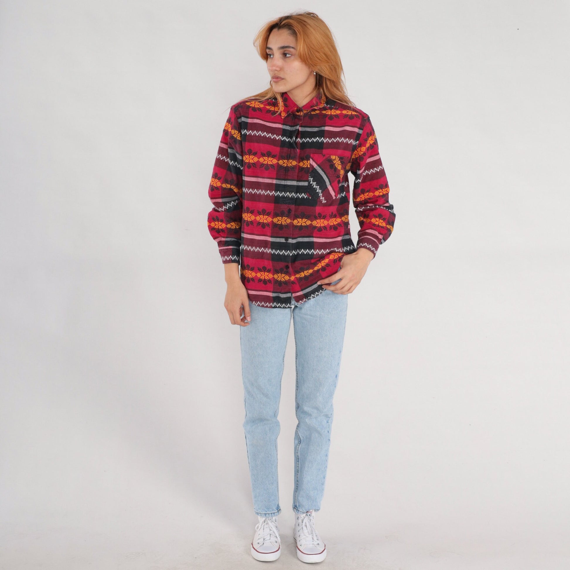 90s Checkered Floral Button Up Blouse Red Black Embroidered Long Sleeve Medium