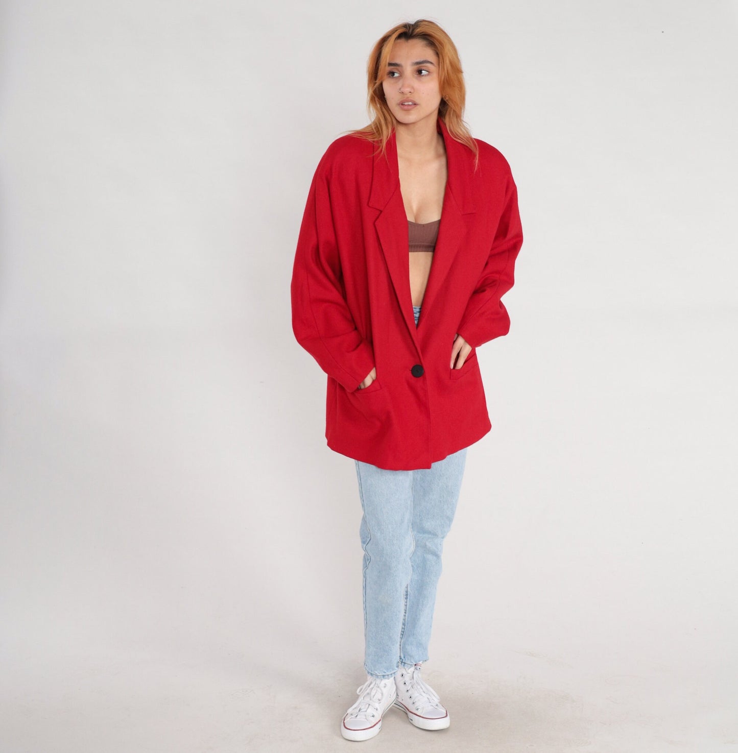 80s Red Wool Blazer Jacket Single Button Tailored Extra Large XL