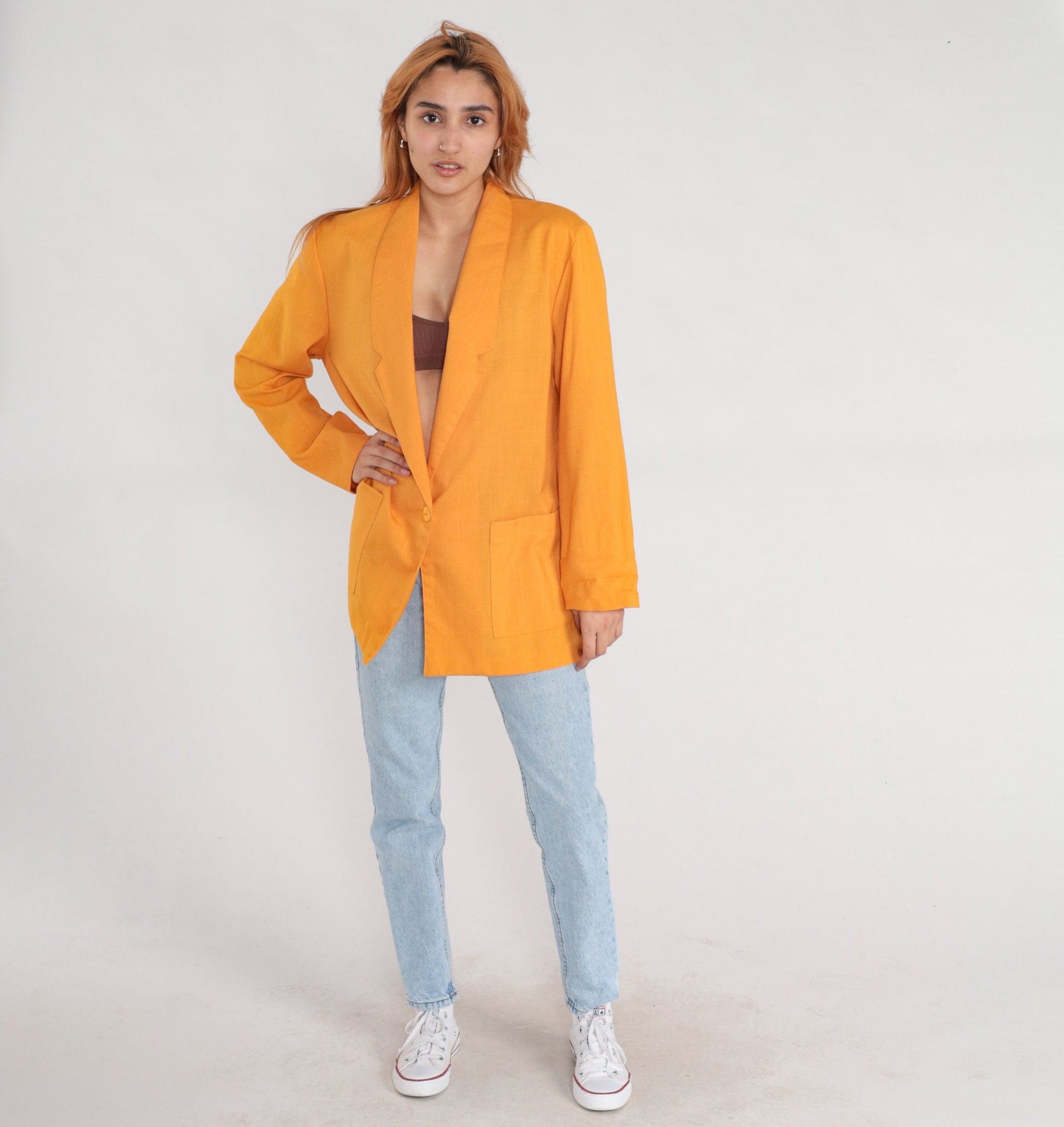 80s Yellow Button Blazer Jacket Single Breasted Medium M