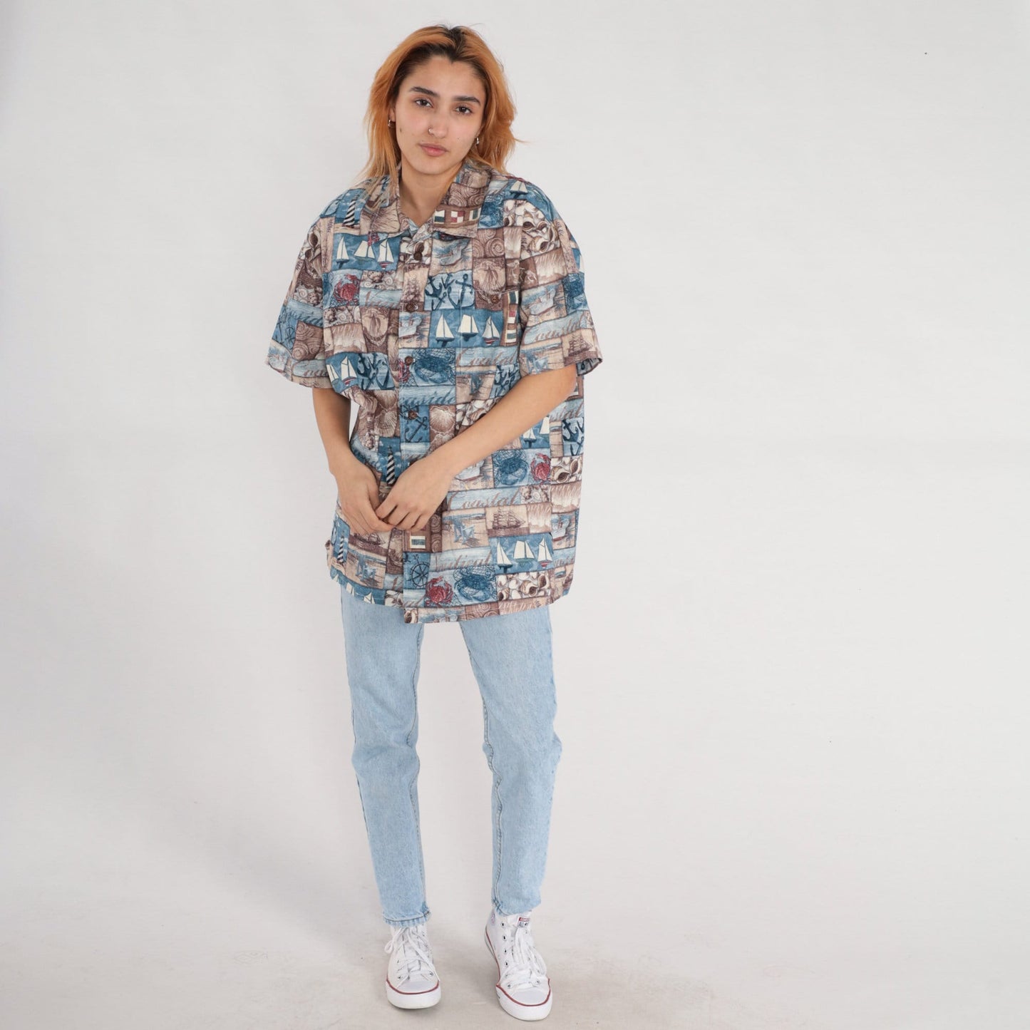 90s Nautical Sailboat Button-Up Shirt Blue Short Sleeve Extra Large XL