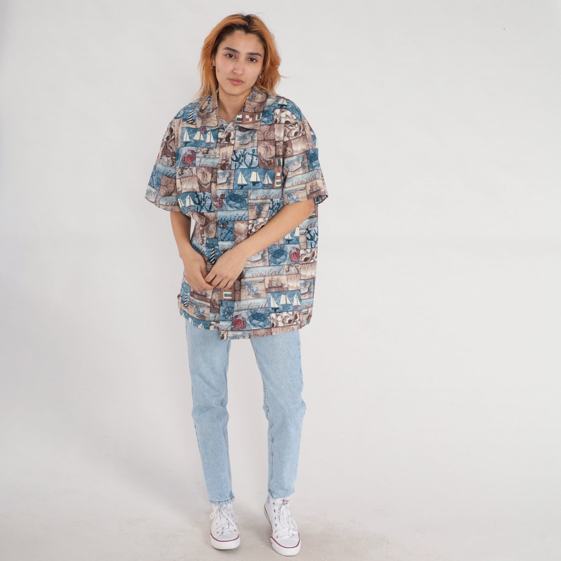 90s Nautical Sailboat Button-Up Shirt Blue Short Sleeve Extra Large XL