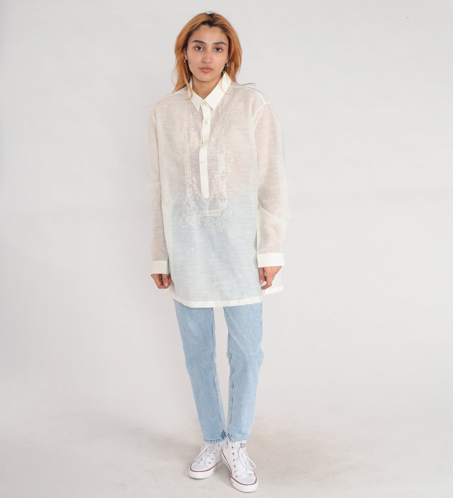 00s Sheer White Embroidered Button-Up Blouse Long Sleeve Floral Large L
