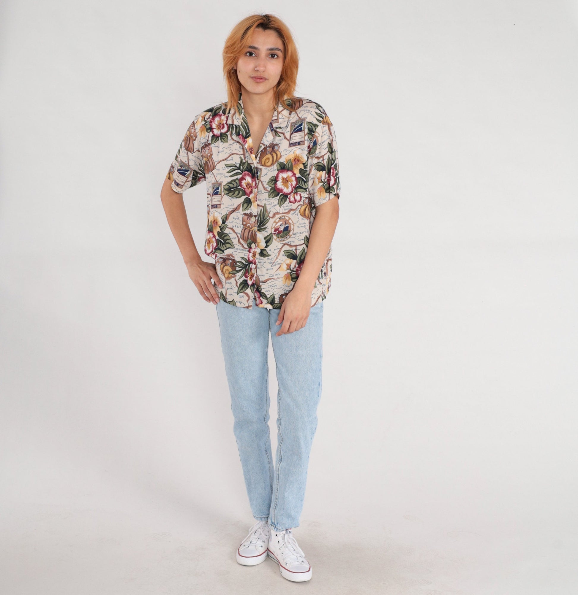 90s Nautical Floral Ship Suitcase Rayon Button-Up Blouse Short Sleeve Medium Petite