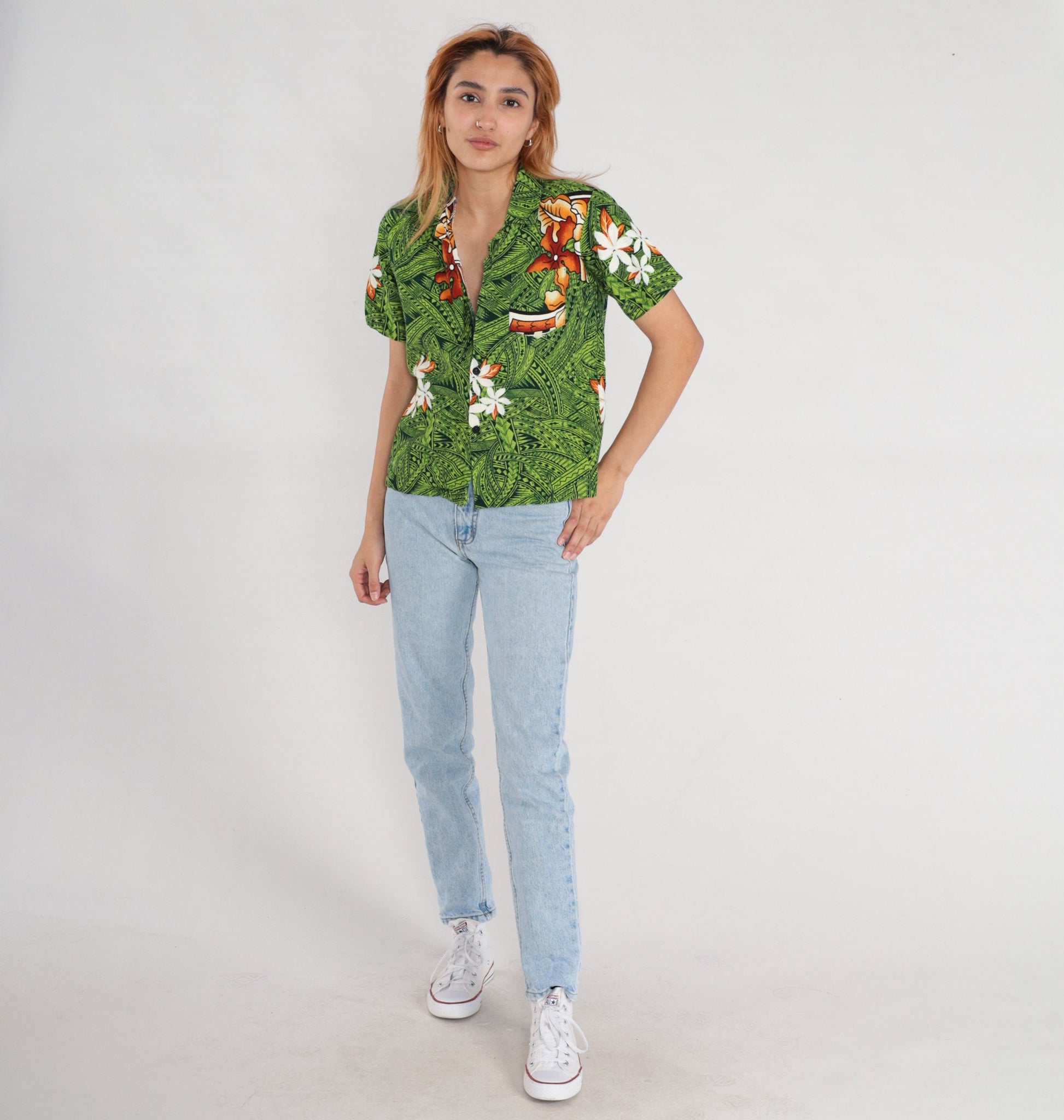 80s Tropical Floral Green Hawaiian Button-Up Blouse Short Sleeve Small