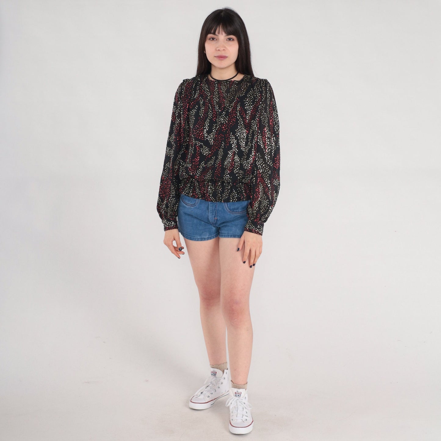 80s Metallic Blouse Black Silver Red Abstract Puff Sleeve Small