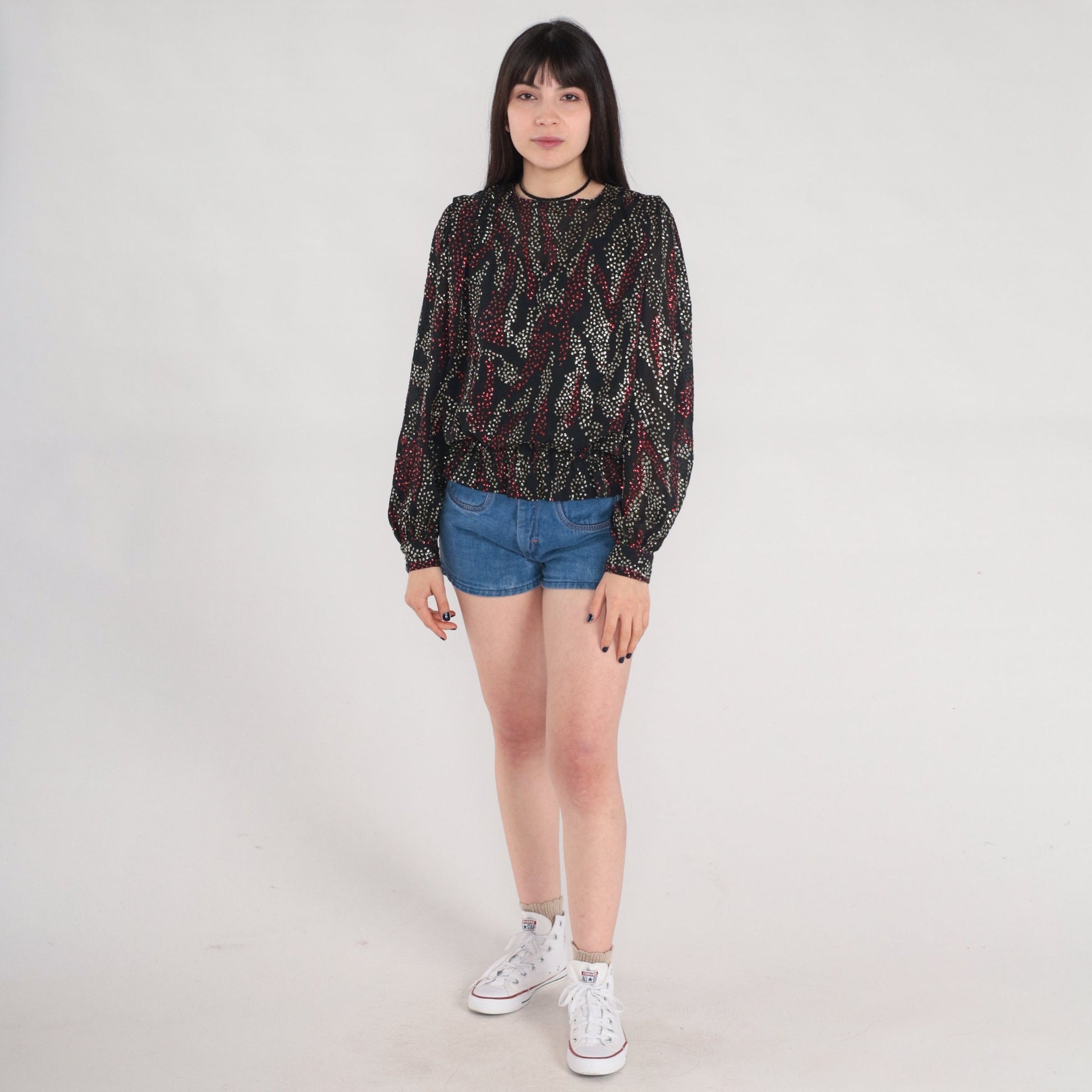 80s Metallic Blouse Black Silver Red Abstract Puff Sleeve Small
