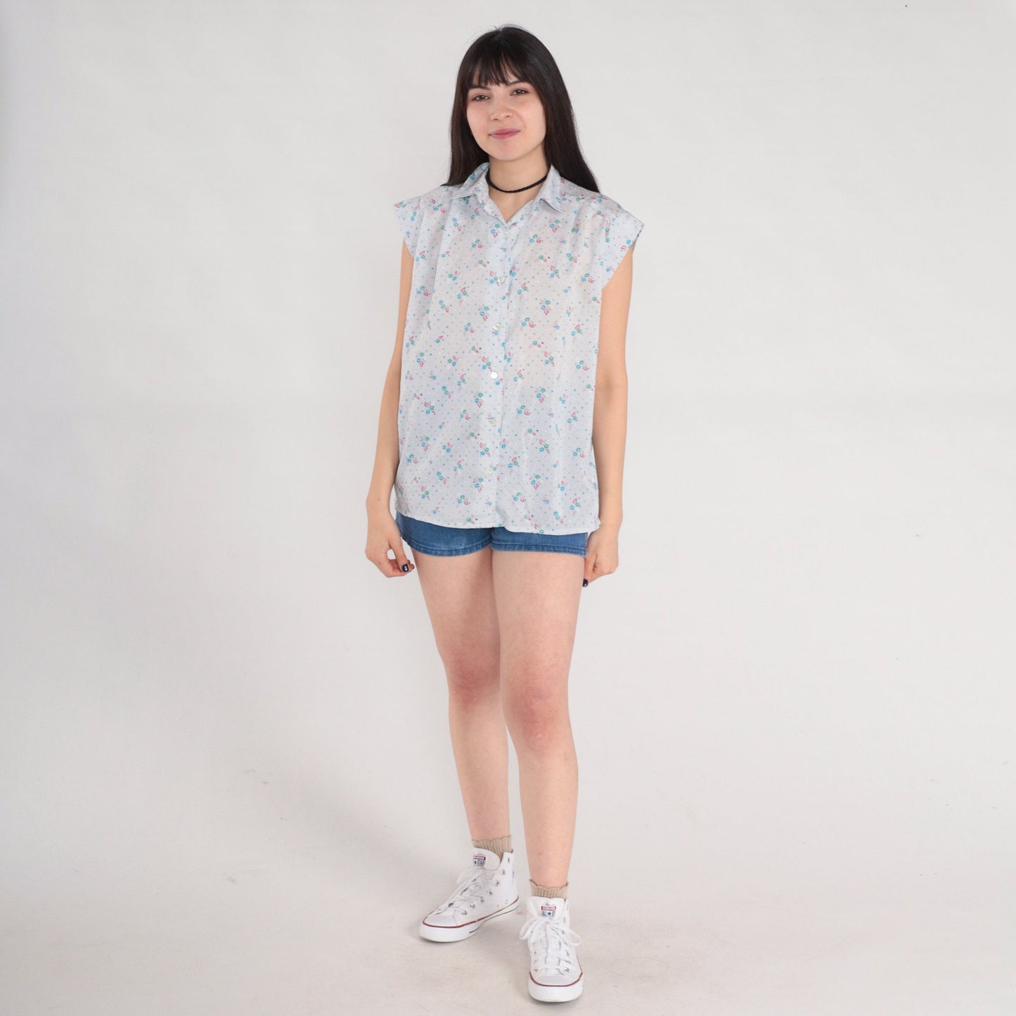 80s Floral Polka Dot Button-Up Blouse Blue Cap Sleeve Shirt Large L