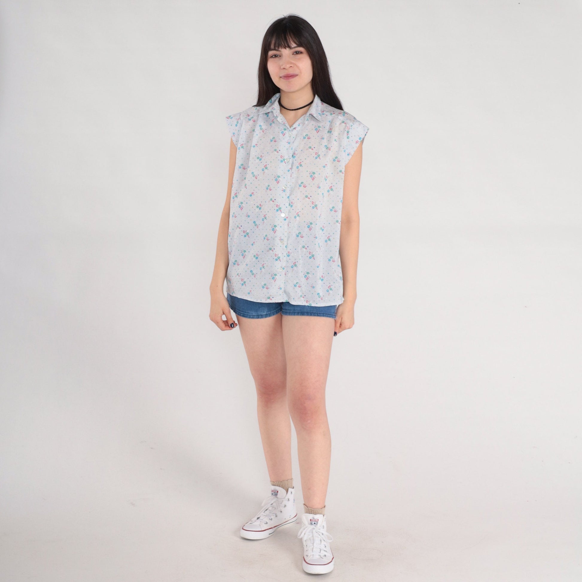 80s Floral Polka Dot Button-Up Blouse Blue Cap Sleeve Shirt Large L