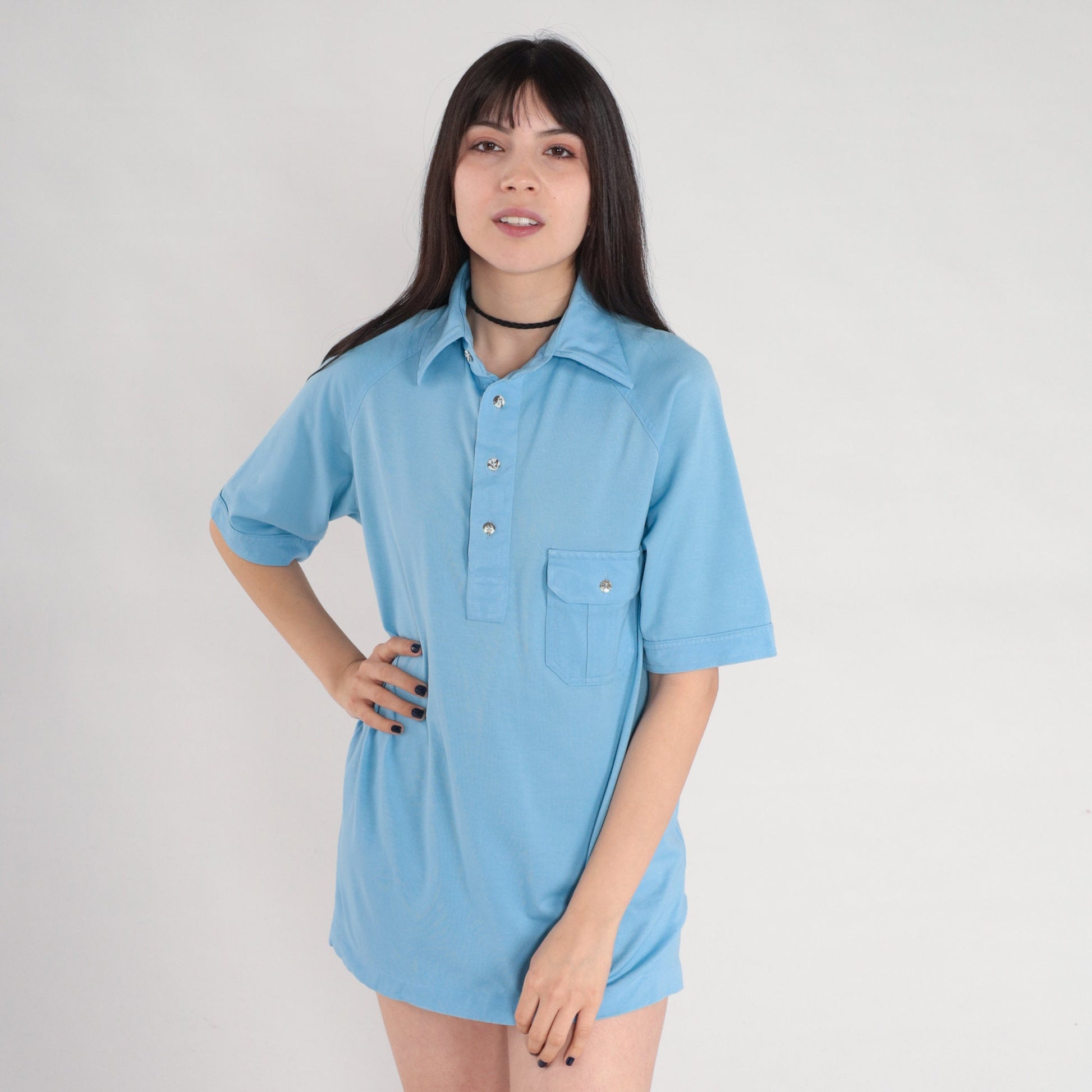 70s Blue Polo Shirt Half Button Raglan Sleeve Collared Top Medium